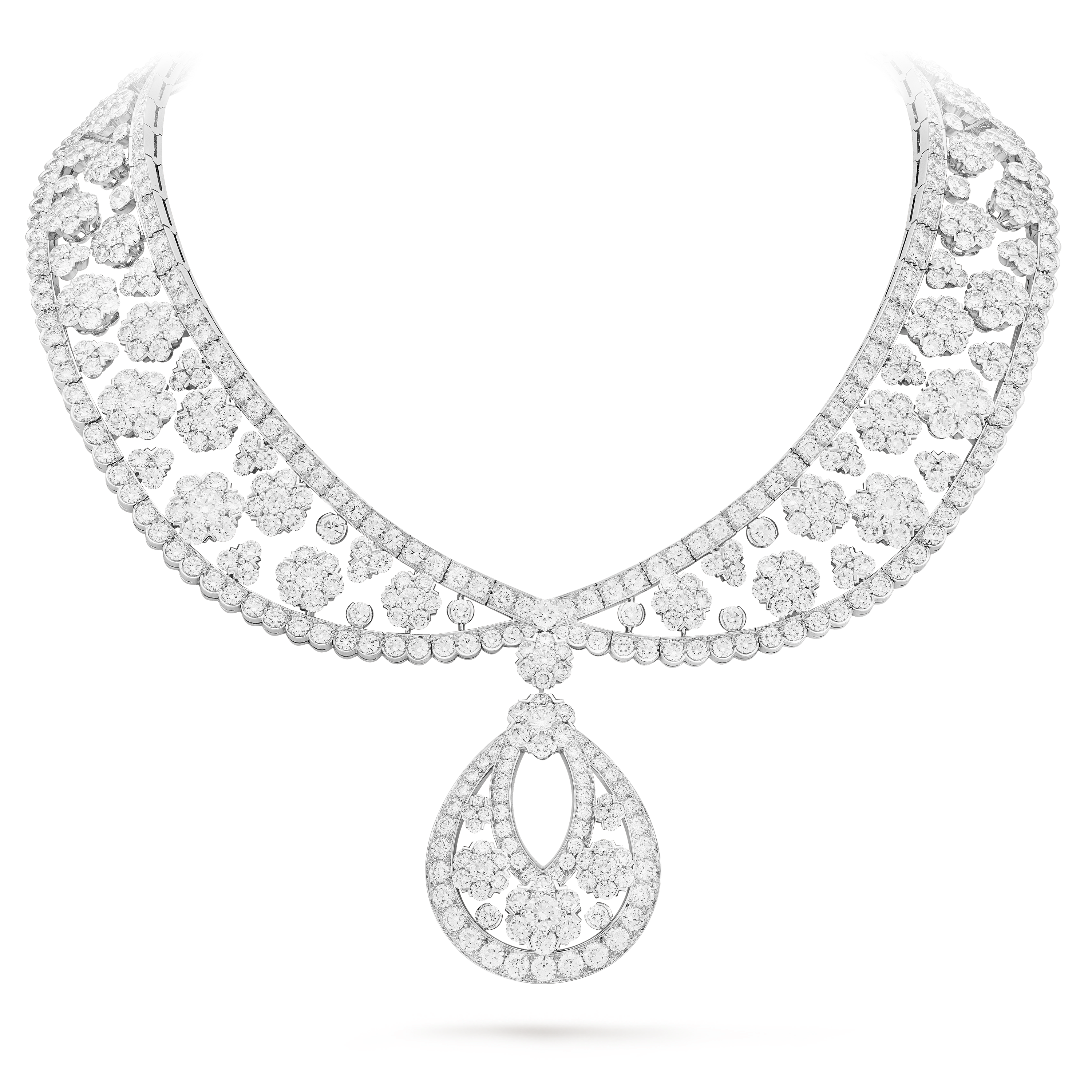Collana trasformabile Snowflake, Oro bianco 750/1000, Diamante:  619 pietre,  69.73 carati, On Stand, High Jewelry Necklace - Van Cleef & Arpels