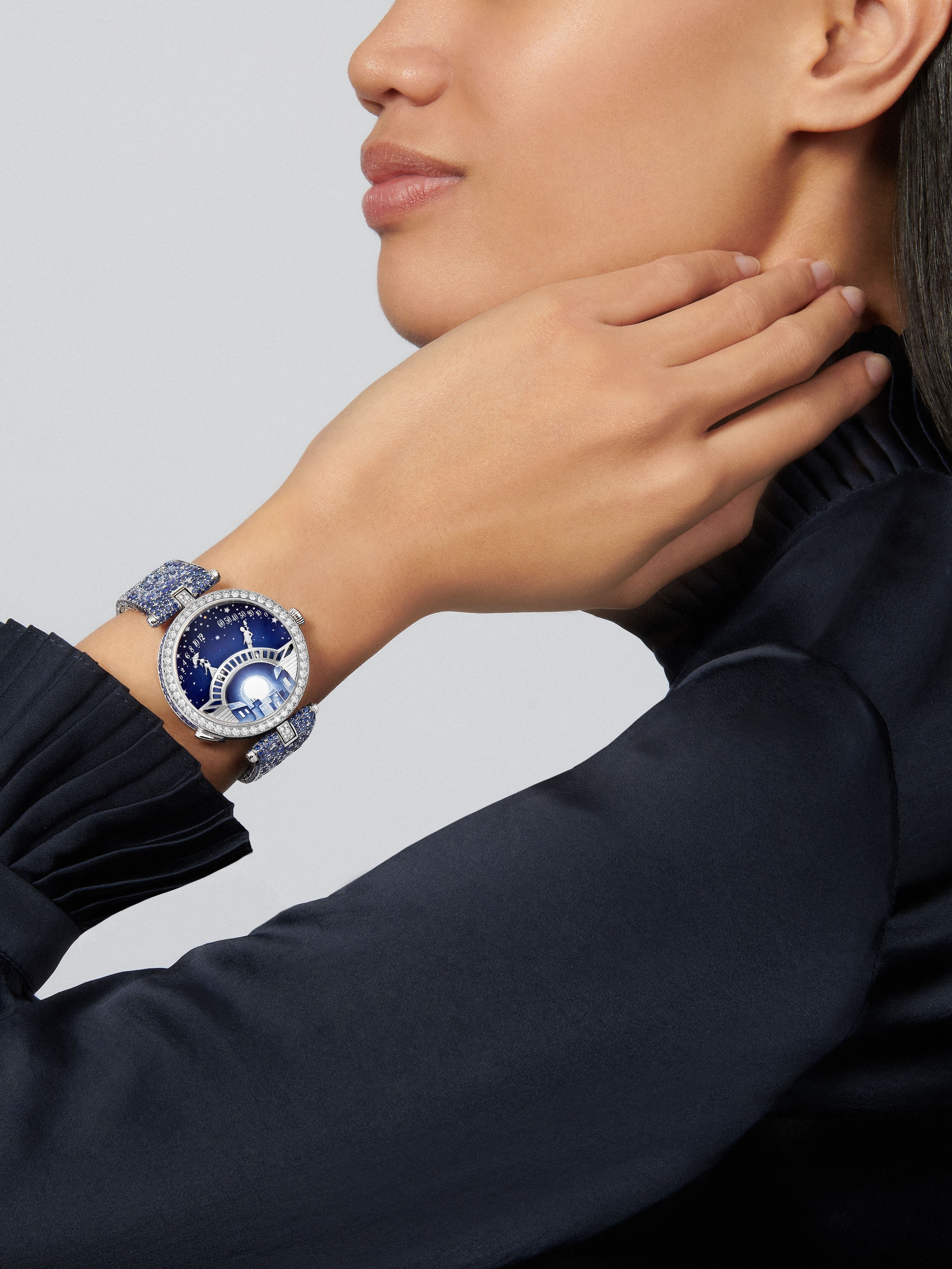Lady Arpels Pont des Amoureux Clair de lune watch, 18K white gold, Diamond:  903 stones,  11.78 carats, Sapphire:  639 stones,  18.68 carats, Worn Alternative, Watch - Van Cleef & Arpels