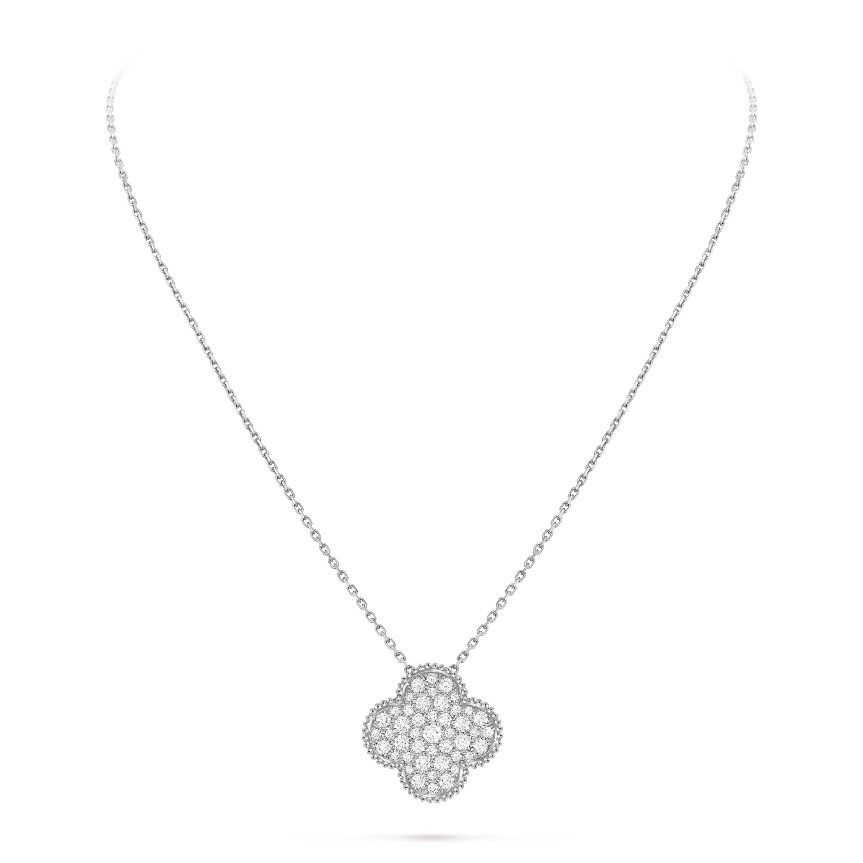 Magic Alhambra pendant, 18K white gold, Diamond:  45 stones,  2.44 carats, Three Fourth, Jewelry Pendent - Van Cleef & Arpels