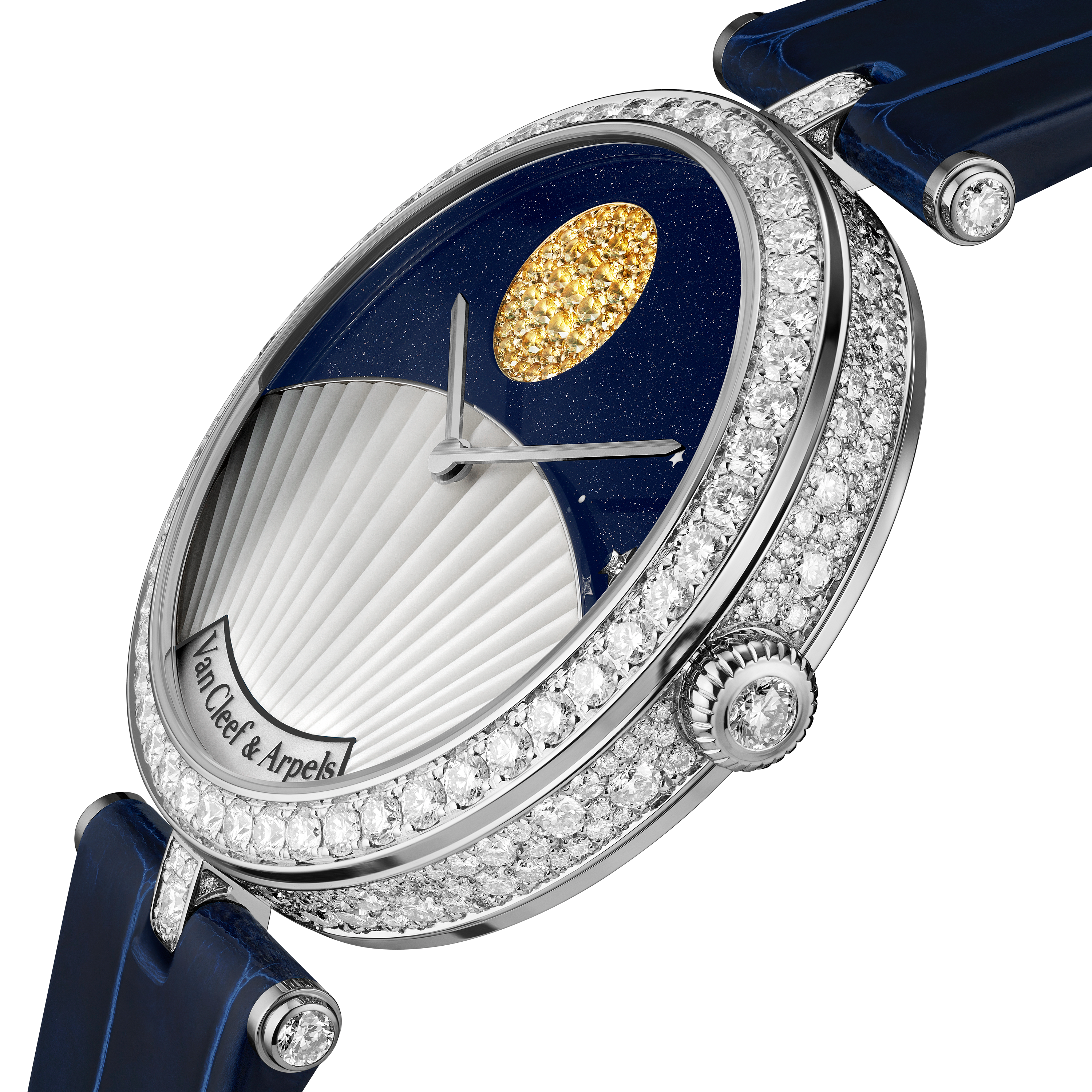 Lady Arpels Jour Nuit watch, 18K white gold, 18K yellow gold, Aventurine:  1 stone, Diamond:  374 stones,  4.98 carats, Mother-of-pearl:  1 stone, Sapphire:  43 stones,  0.36 carat, Three Fourth, Watch - Van Cleef & Arpels