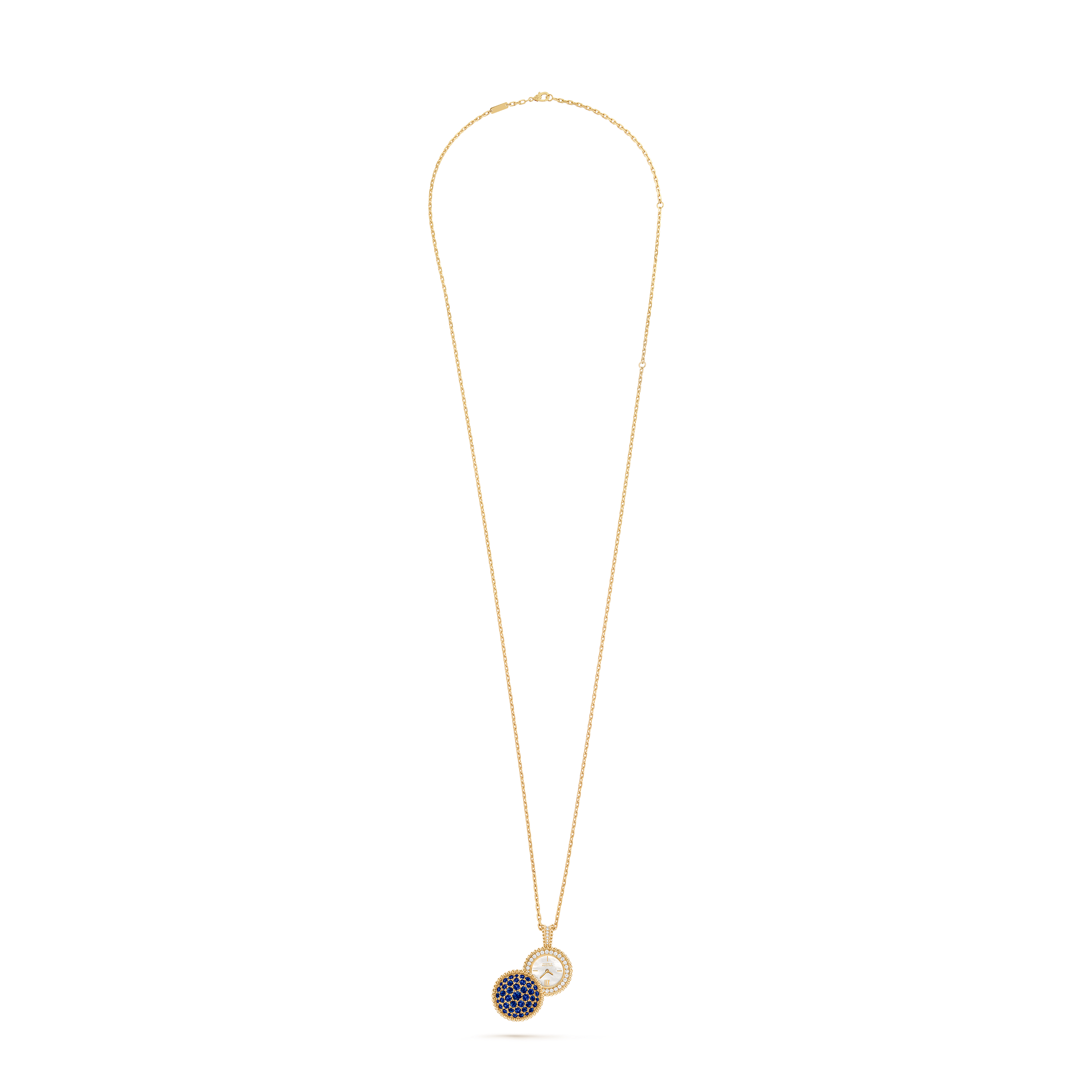 Perlée secret pendant watch, 18K yellow gold, Diamond:  40 stones,  0.92 carat, Mother-of-pearl:  1 stone, Sapphire:  43 stones,  4.53 carats, Open, Watch - Van Cleef & Arpels