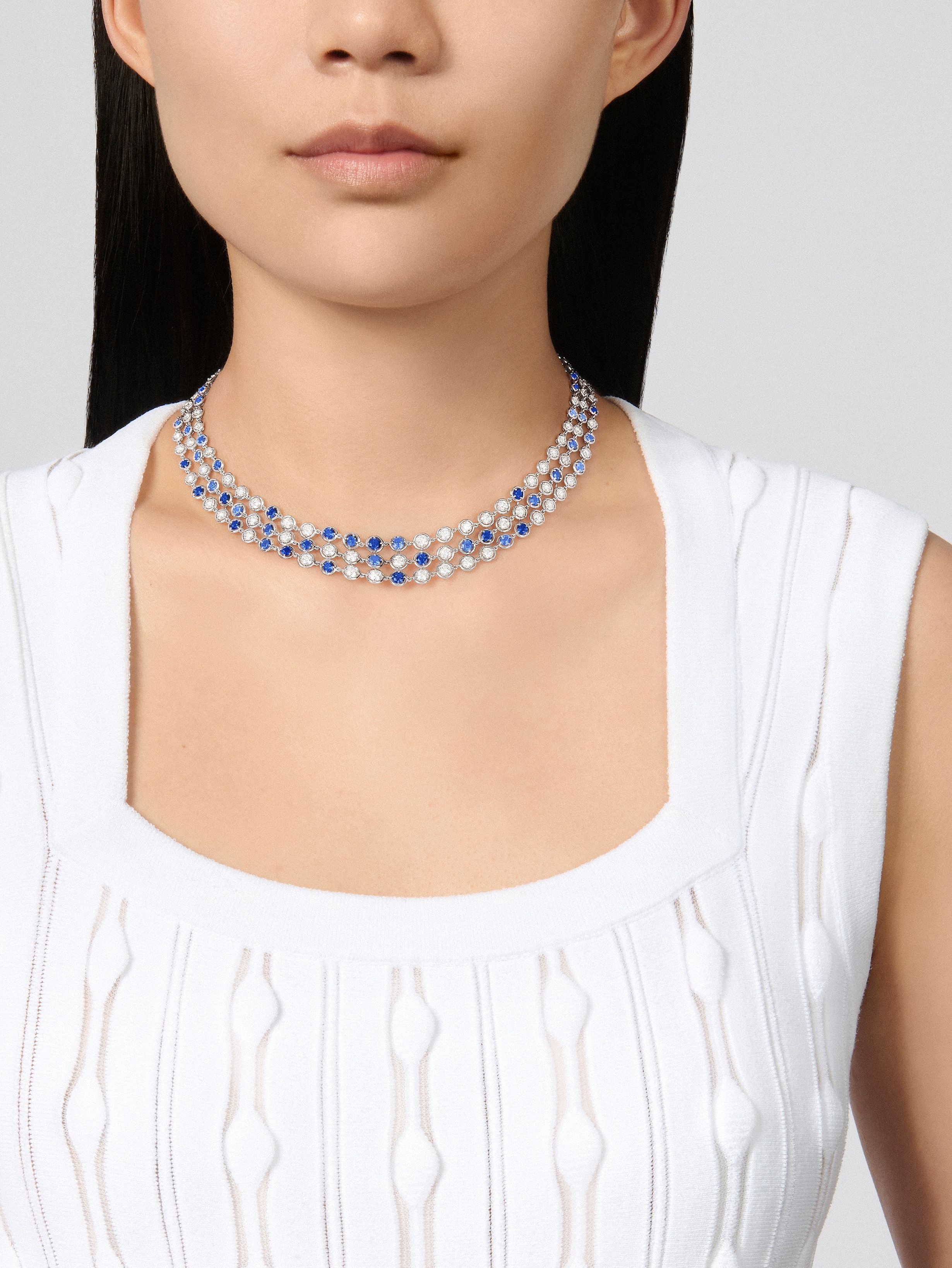 Palmyre 3 rows necklace, 18K white gold, Diamond:  110 stones,  10.02 carats, Sapphire:  79 stones,  8.13 carats, Worn Alternative, High Jewelry Necklace - Van Cleef & Arpels