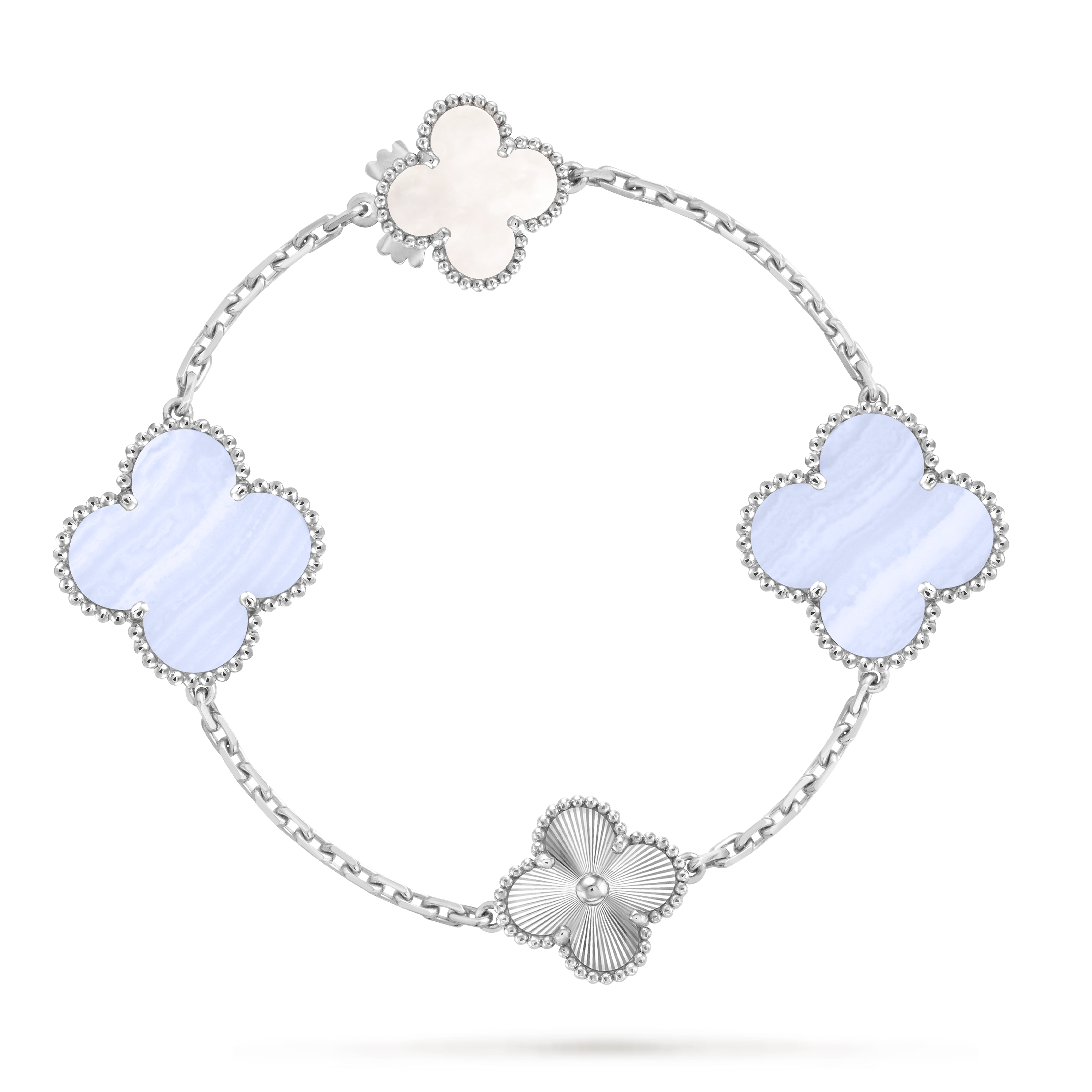 Magic Alhambra transformable long necklace, 15 motifs, 18K white gold, Chalcedony:  6 stones, Mother-of-pearl:  5 stones, Front, Jewelry Long Necklace - Van Cleef & Arpels