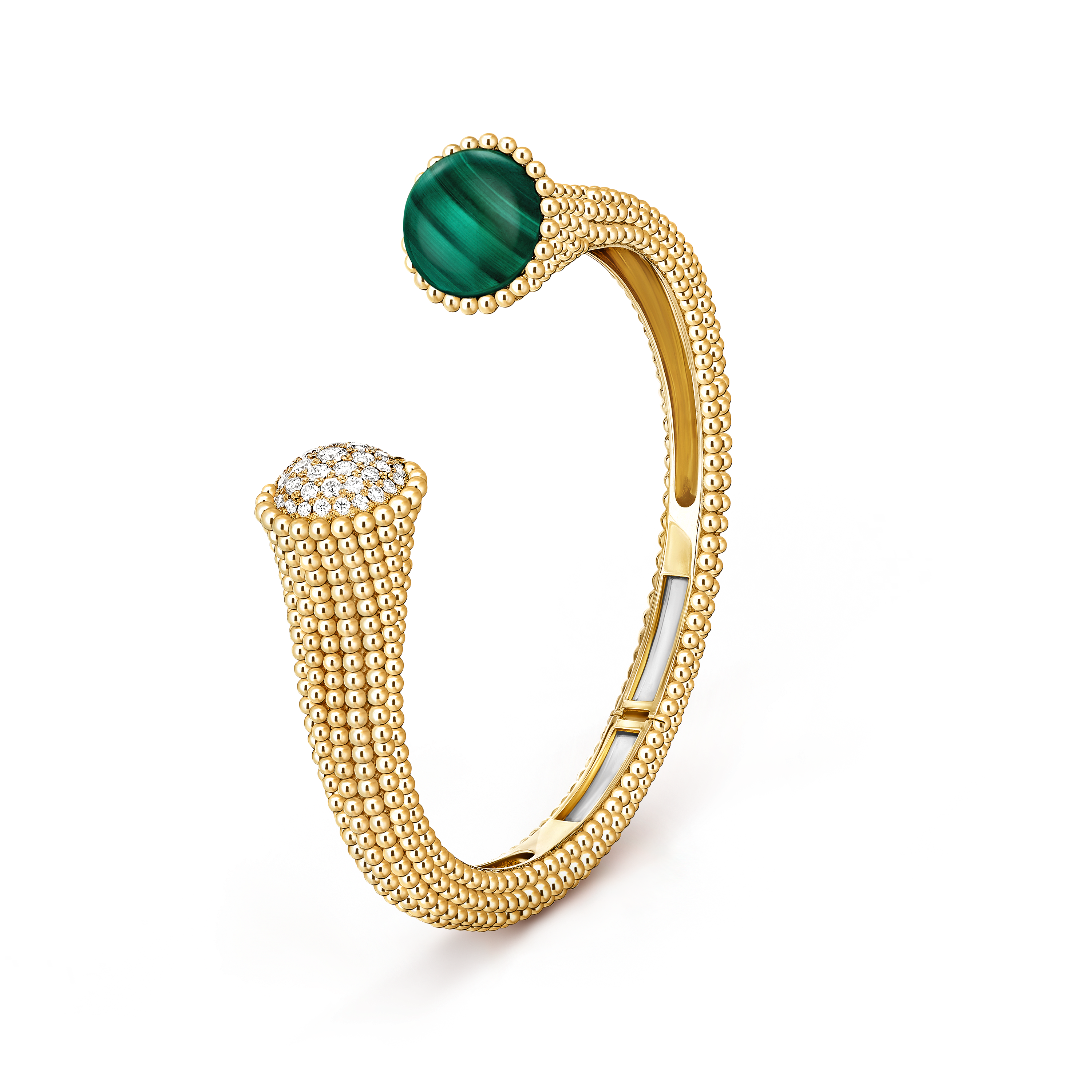 Perlée couleurs bracelet, large model, 18K yellow gold, Diamond:  43 stones,  0.73 carat, Malachite:  1 stone, Three Fourth, Jewelry Bracelet - Van Cleef & Arpels