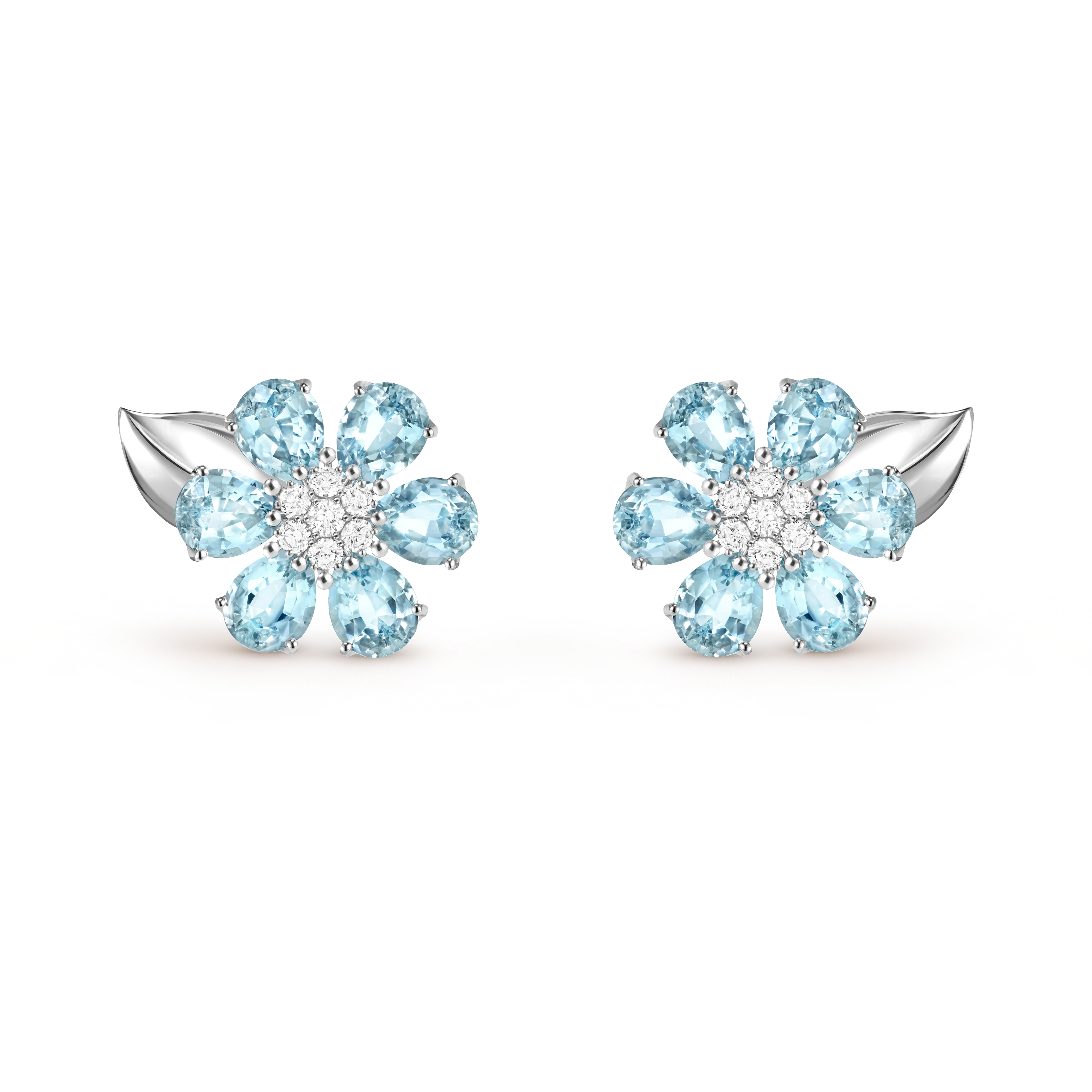 Fleurs d’Hawaï earrings, 18K white gold, Aquamarine:  12 stones,  6.6 carats, Diamond:  14 stones,  0.39 carat, Front, Jewelry Earrings - Van Cleef & Arpels