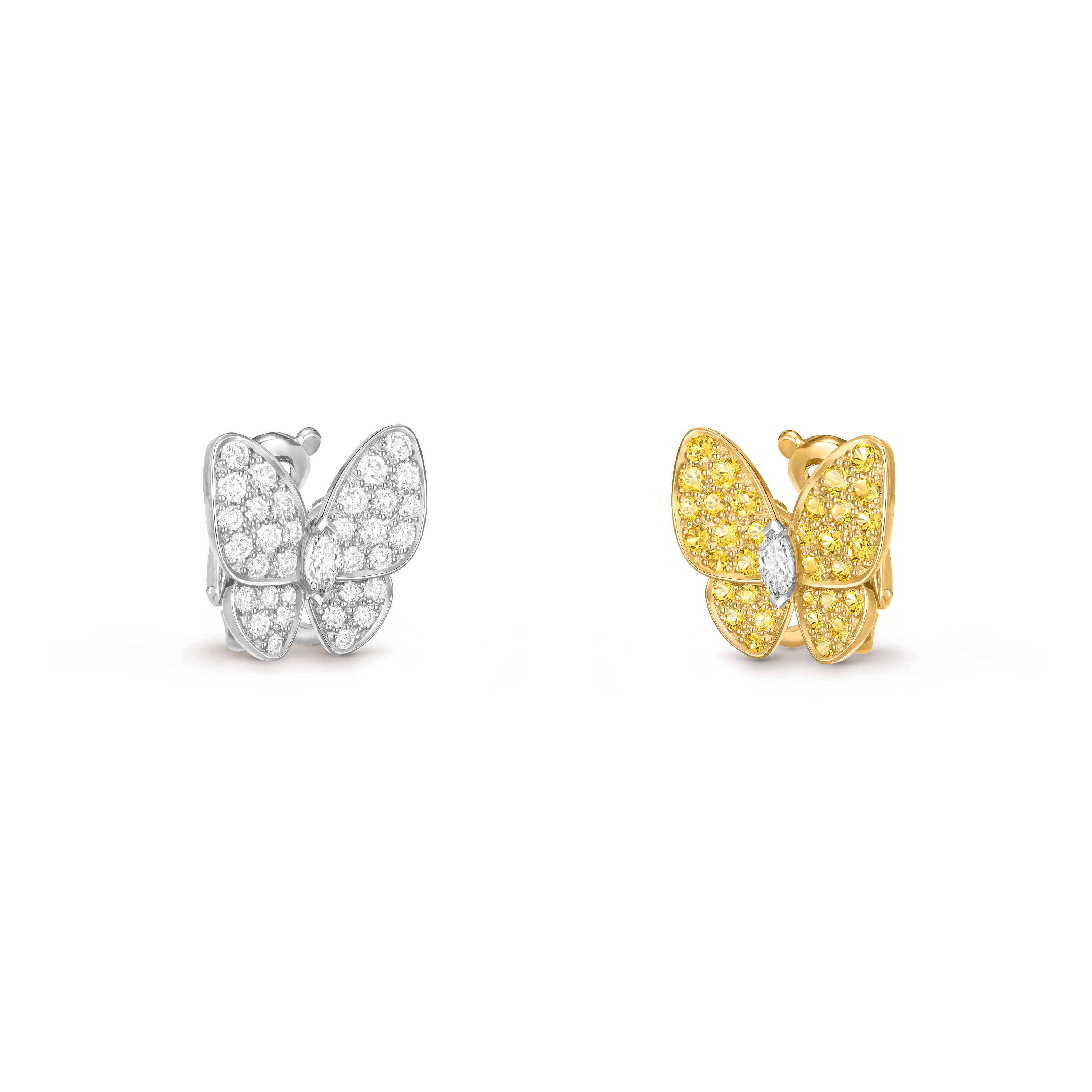 Two Butterfly耳環, 18K黃金, 18K白金, 藍寶石:  34顆寶石,  0.88克拉, 鑽石:  36顆寶石,  0.99克拉, Three Fourth, Jewelry Earrings- Van Cleef & Arpels
