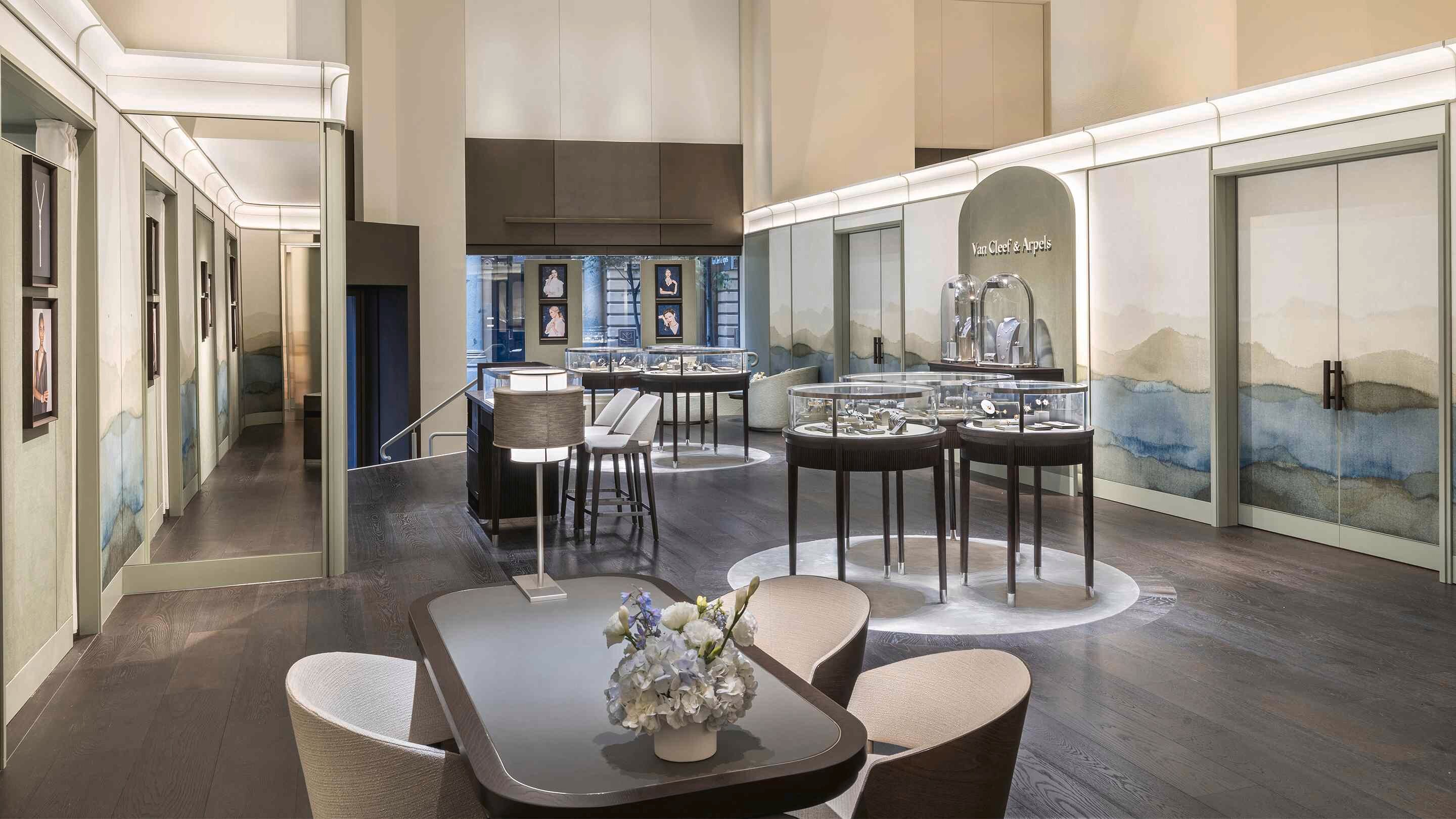 The temporary Van Cleef & Arpels boutique on George Street, Sydney, presents the main area view.