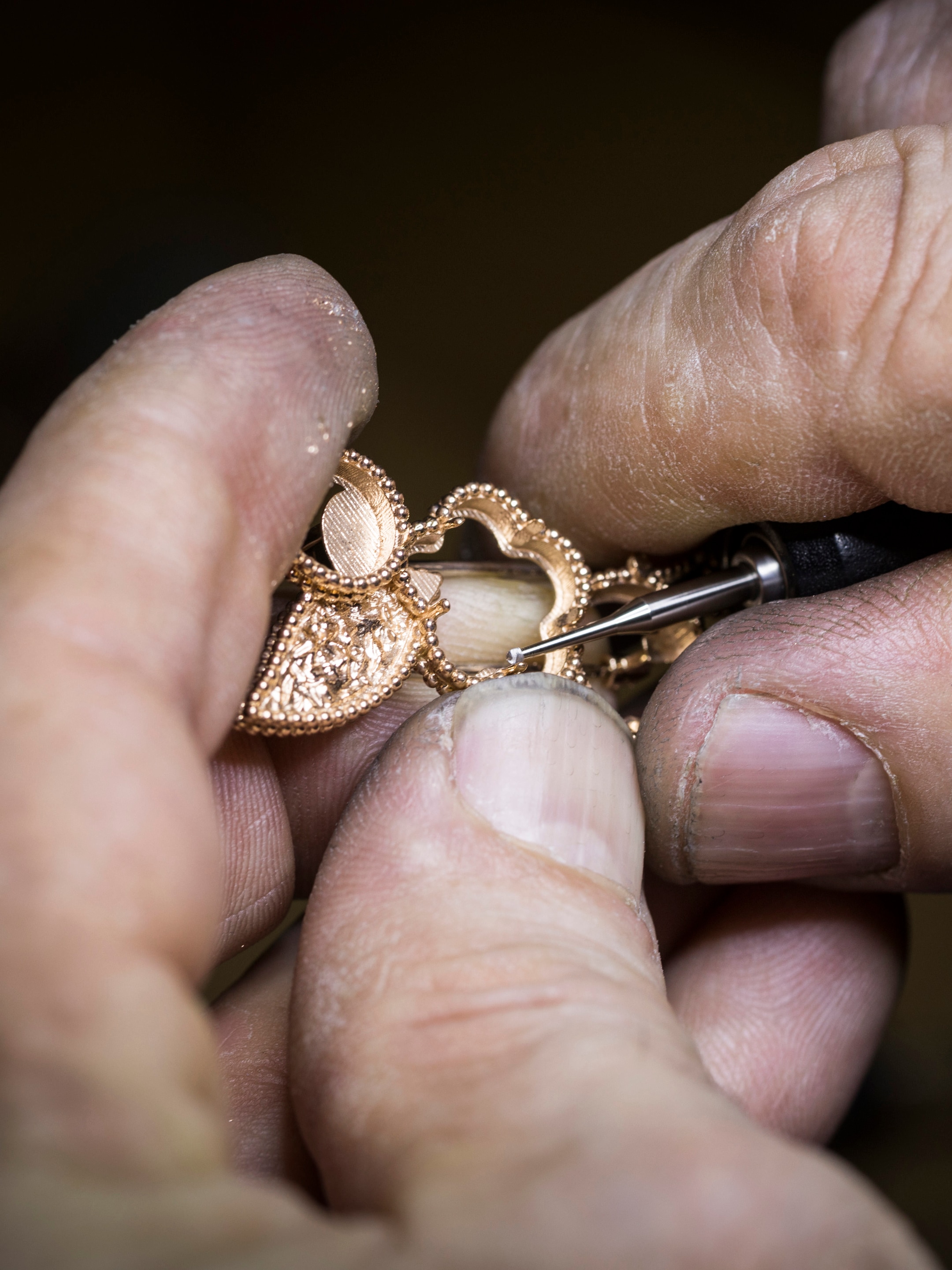 Lucky Spring clip. 18K rose gold, carnelian, mother-of-pearl, onyx. Lucky Spring collection, Van Cleef & Arpels.