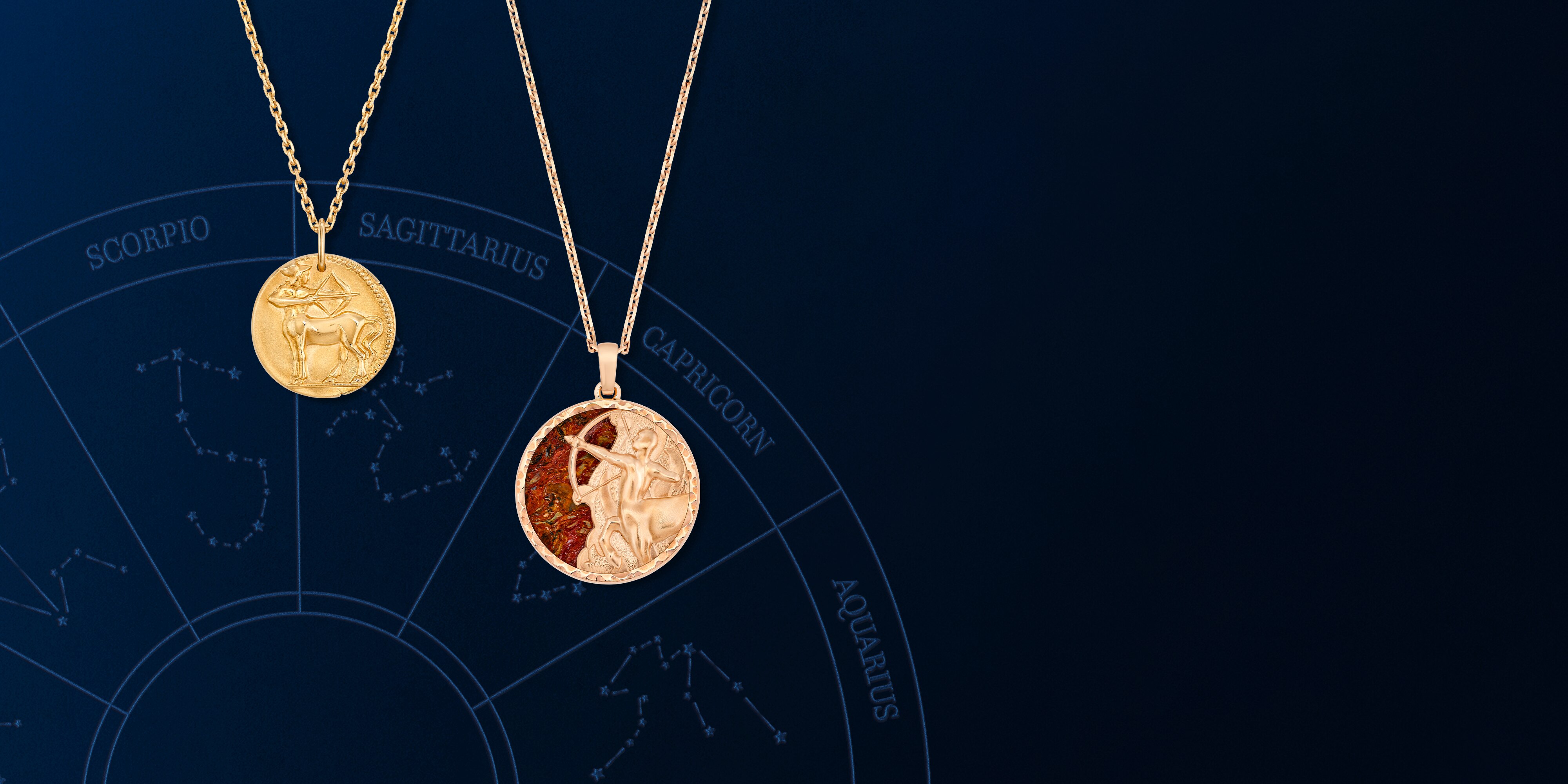 Zodiaque medal Sagittarii (Sagittarius), yellow gold and Zodiaque long necklace Sagittarii (Sagittarius), rose gold, red pietersite. Zodiaque collection, Van Cleef & Arpels.