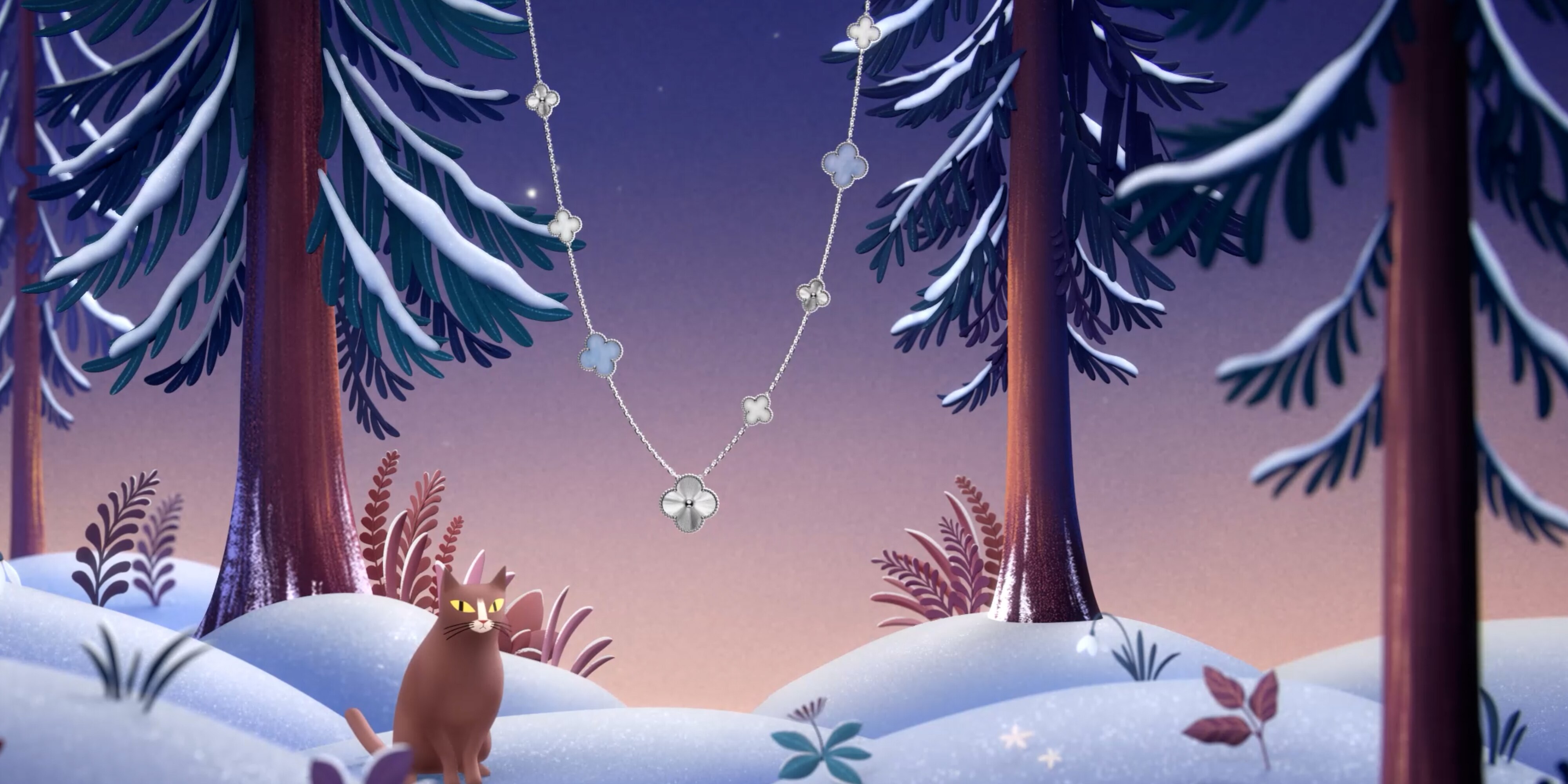 Magic Alhambra transformable long necklace, 15 motifs, guilloché 18K white gold, chalcedony, white mother-of-pearl. Sweet Alhambra watch, guilloché 18K white gold, chalcedony, diamonds, Swiss quartz movement. Alhambra® collection, Van Cleef & Arpels.