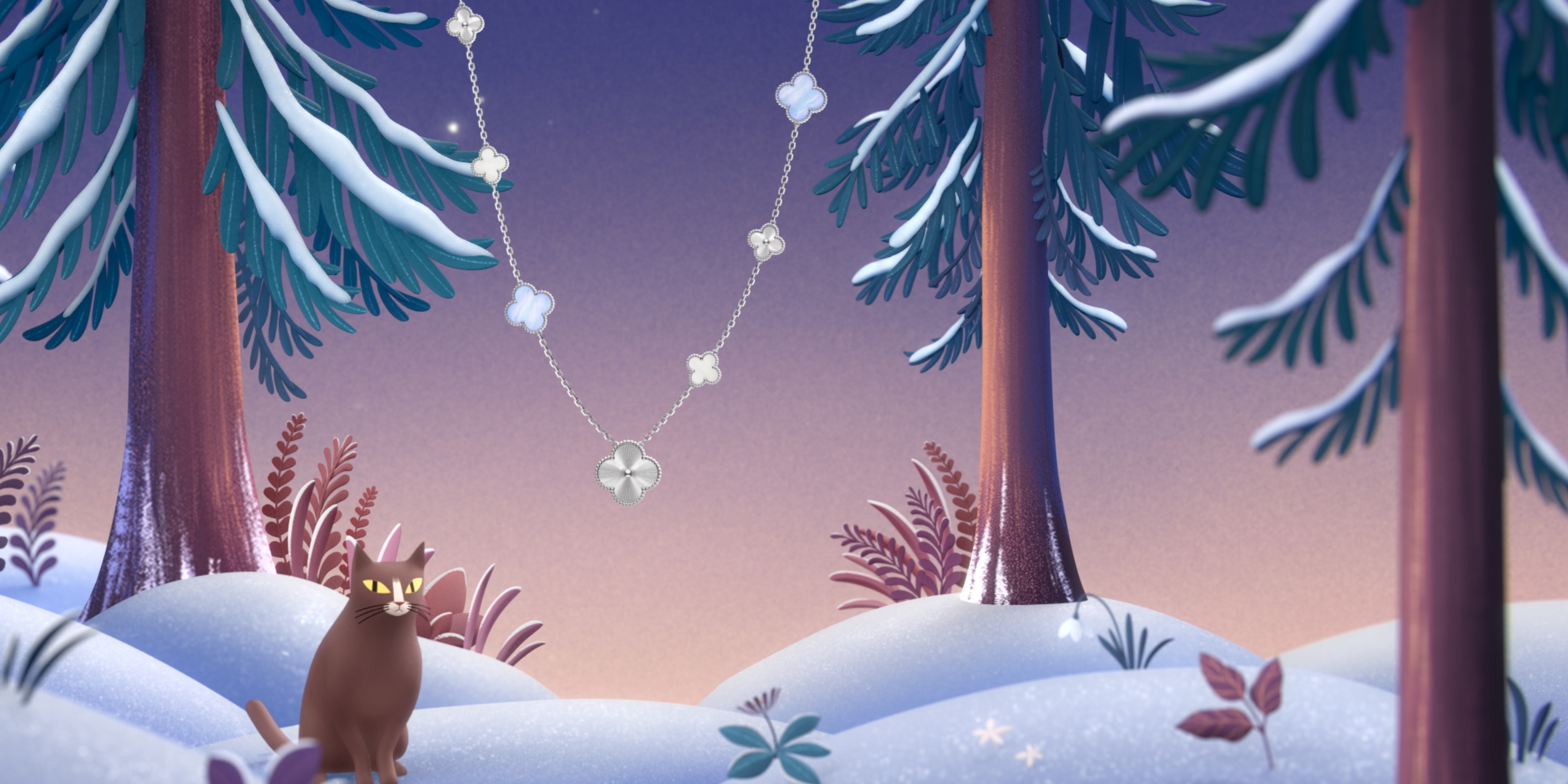 عقد ماجيك ألامبرا الطويل القابل للتحوّل، 15 حلية زخرفية، ذهب أبيض عيار 18 قيراط مزين بزخرفة غيوشيه، عقيق أبيض، عرق اللؤلؤ الأبيض. ساعة سويت ألامبرا، ذهب أبيض بزخرفة غيوشيه، عقيق أبيض، ماس، حركة كوارتز سويسرية. مجموعة ألامبرا، دار فان كليف أند آربلز.