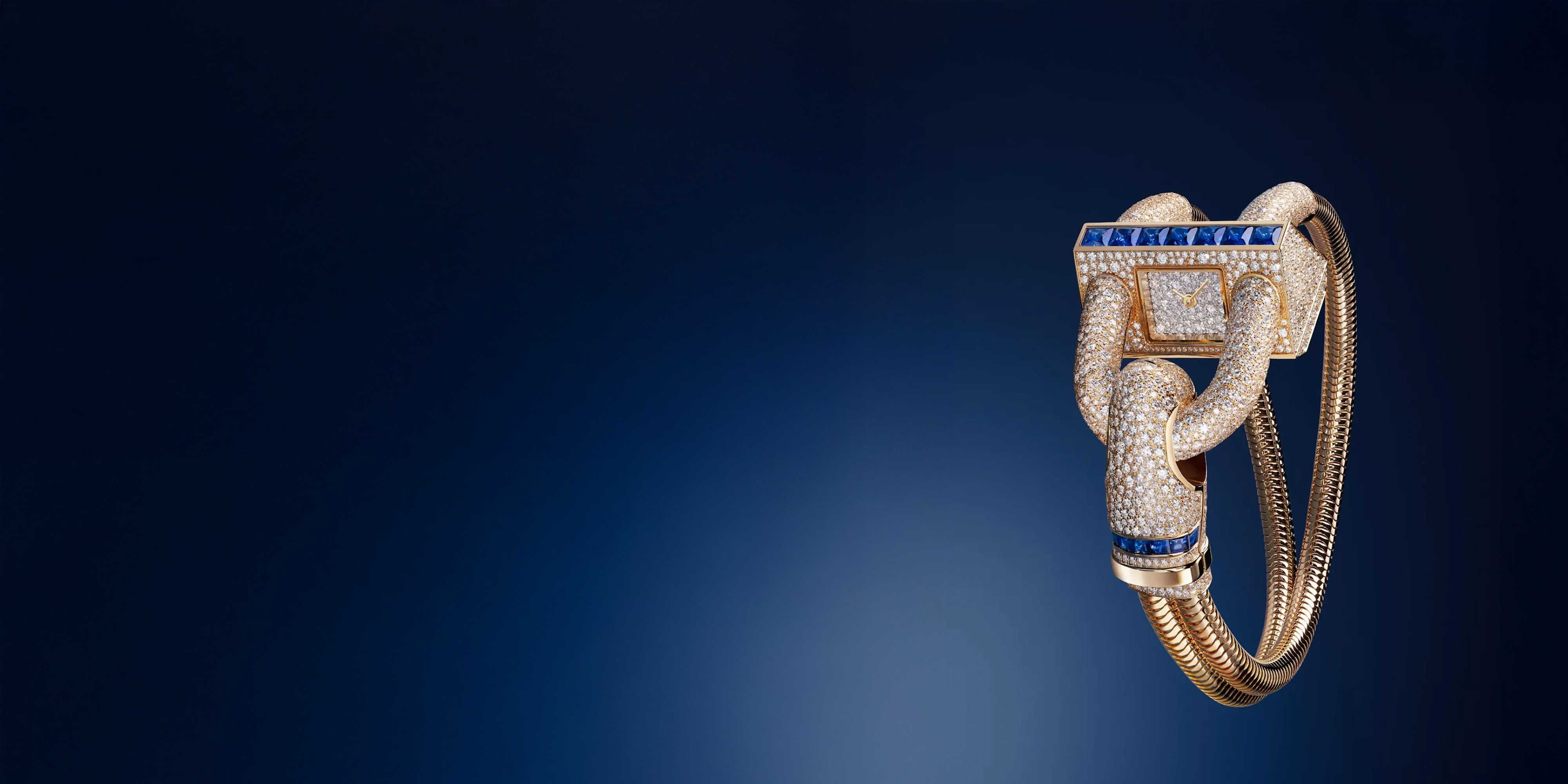 Cadenas watch, 18K yellow gold, rhodium plated 18K white gold, sapphires, diamonds, Swiss quartz movement. Cadenas collection, Van Cleef & Arpels.