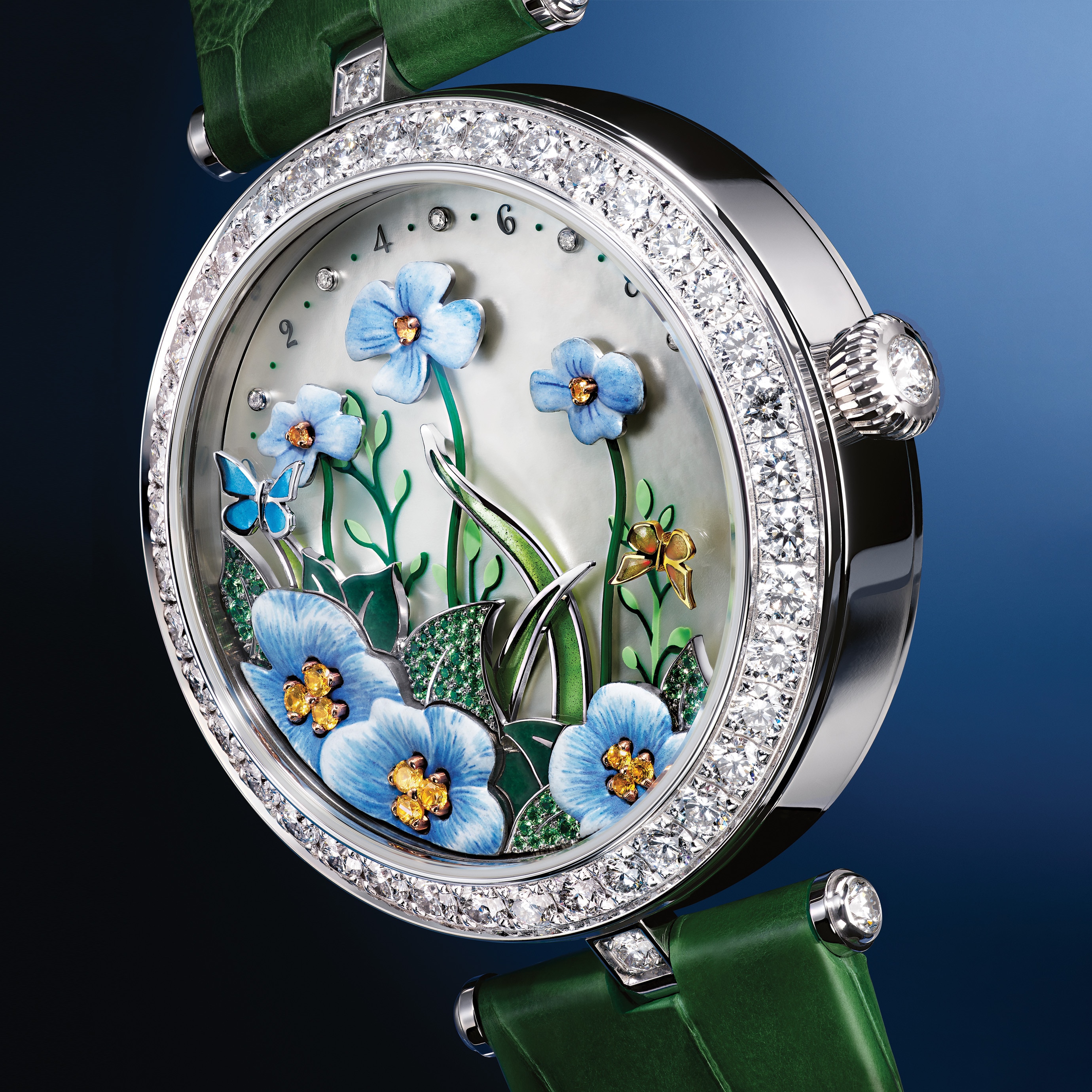 Poetic Complications Collection, Lady Arpels Brise d’Été watch, rhodium-plated 18K white gold, 18K yellow gold, 18K rose gold, diamonds, tsavorites garnets, spessartites garnets, white mother-of-pearl, enamel, miniature painting, self-winding mechanical movement with flower-breezing and butterfly wandering module, 12-hour time display. Van Cleef & Arpels.