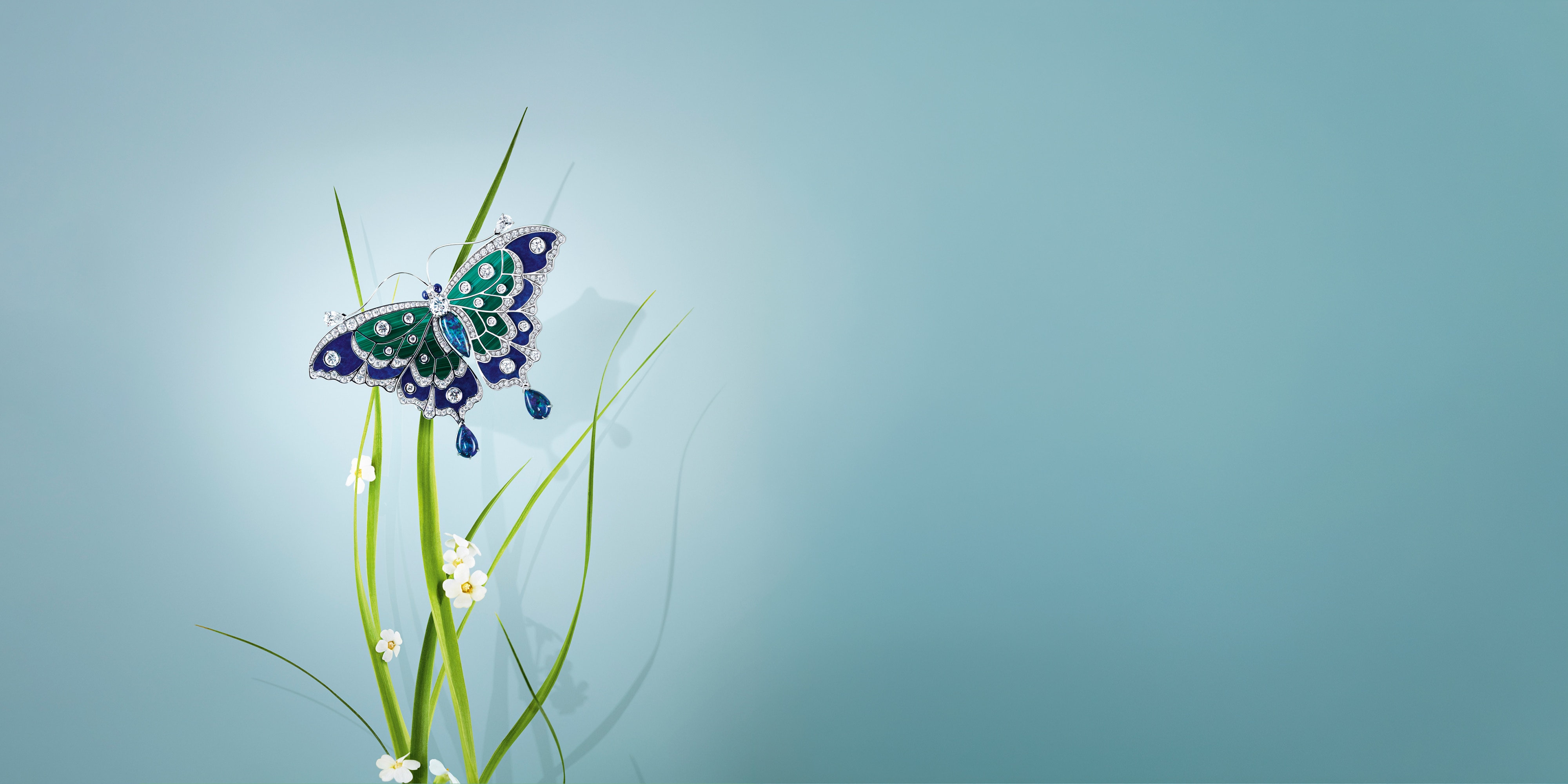 Black Opale Papillon clip, 18K white gold, malachite, lapis lazuli, black opals, diamonds. Butterflies High Jewelry Signature collection, Van Cleef & Arpels.