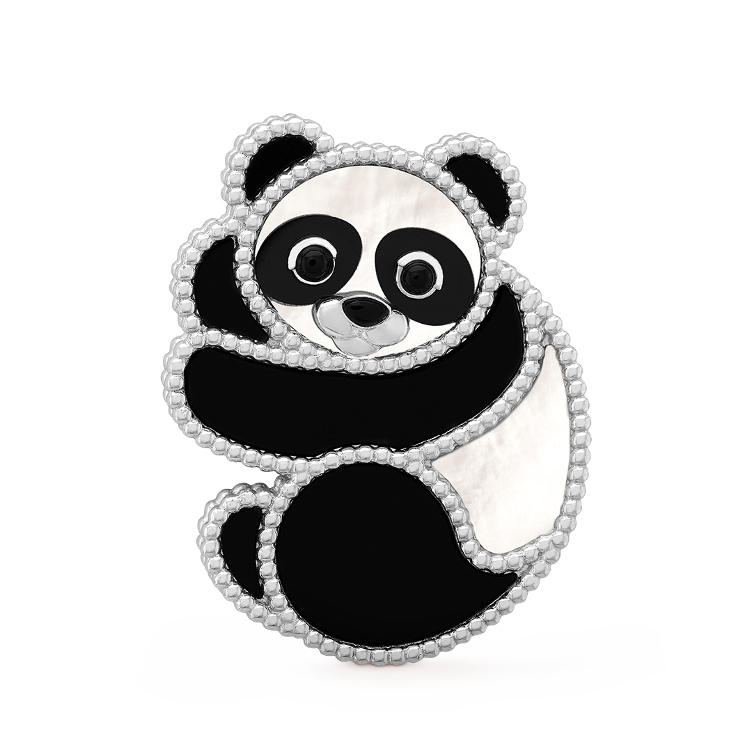 ラッキー アニマルズ パンダ クリップ、ロジウムコーティングが施された18K ホワイトゴールド、マザーオブパール、オニキス。ラッキー アニマルズ コレクション、ヴァン クリーフ＆アーペル。