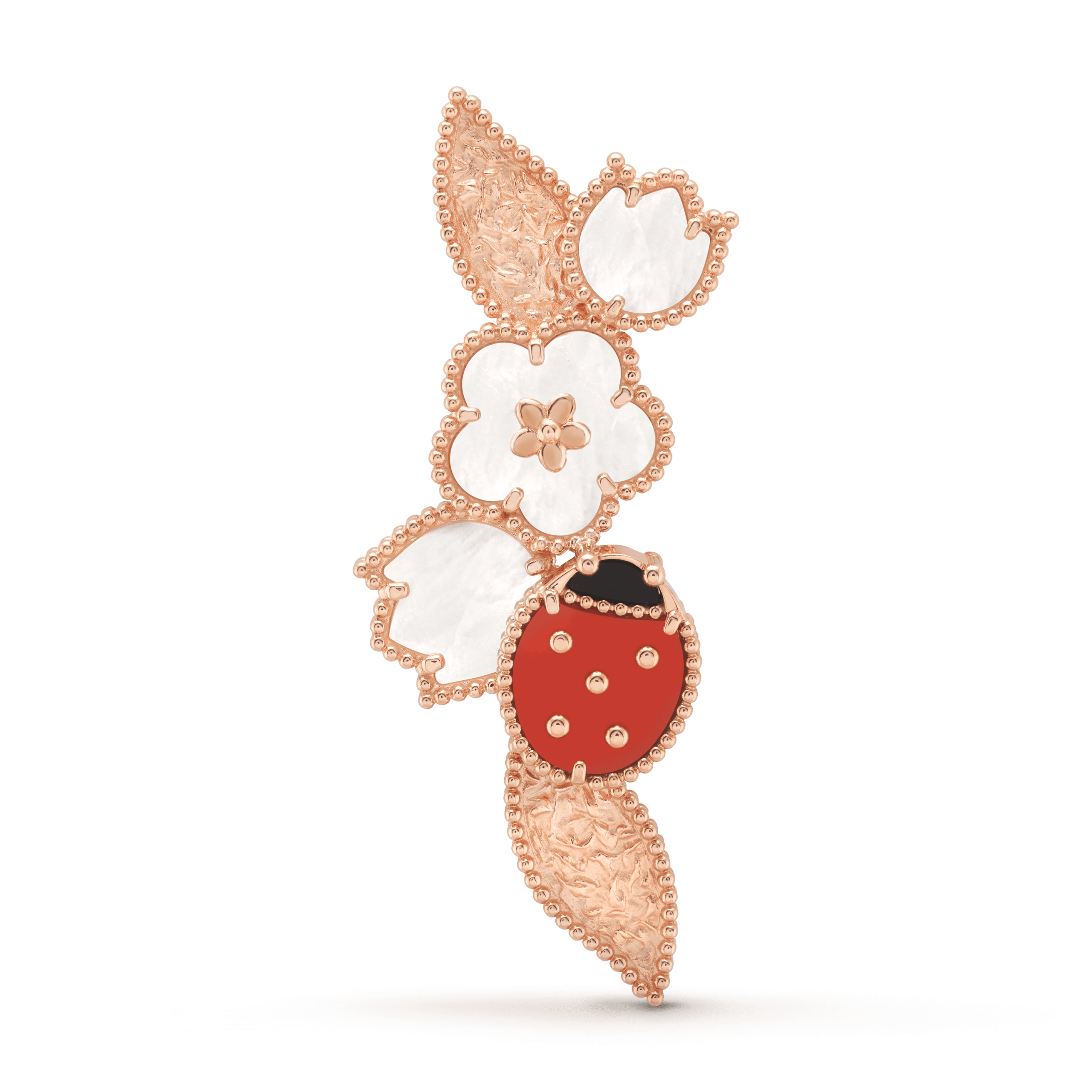Брошка Lucky Spring, рожеве золото, білий перламутр, сердолік, онікс. Колекція Lucky Spring, Van Cleef & Arpels.