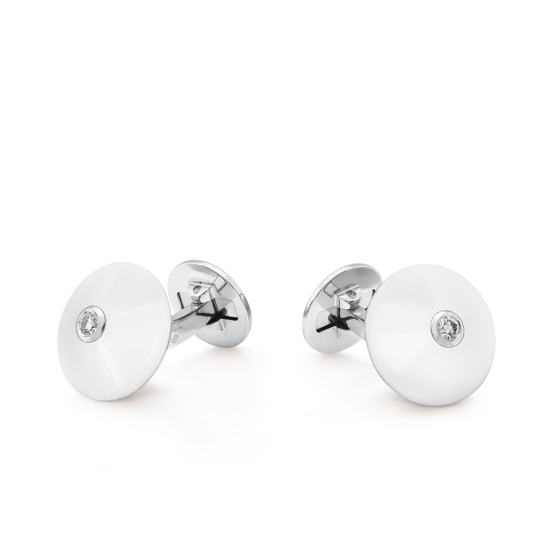 Pierre Arpels Pastilles cufflinks, rhodium plated 18K white gold, white agate, diamonds