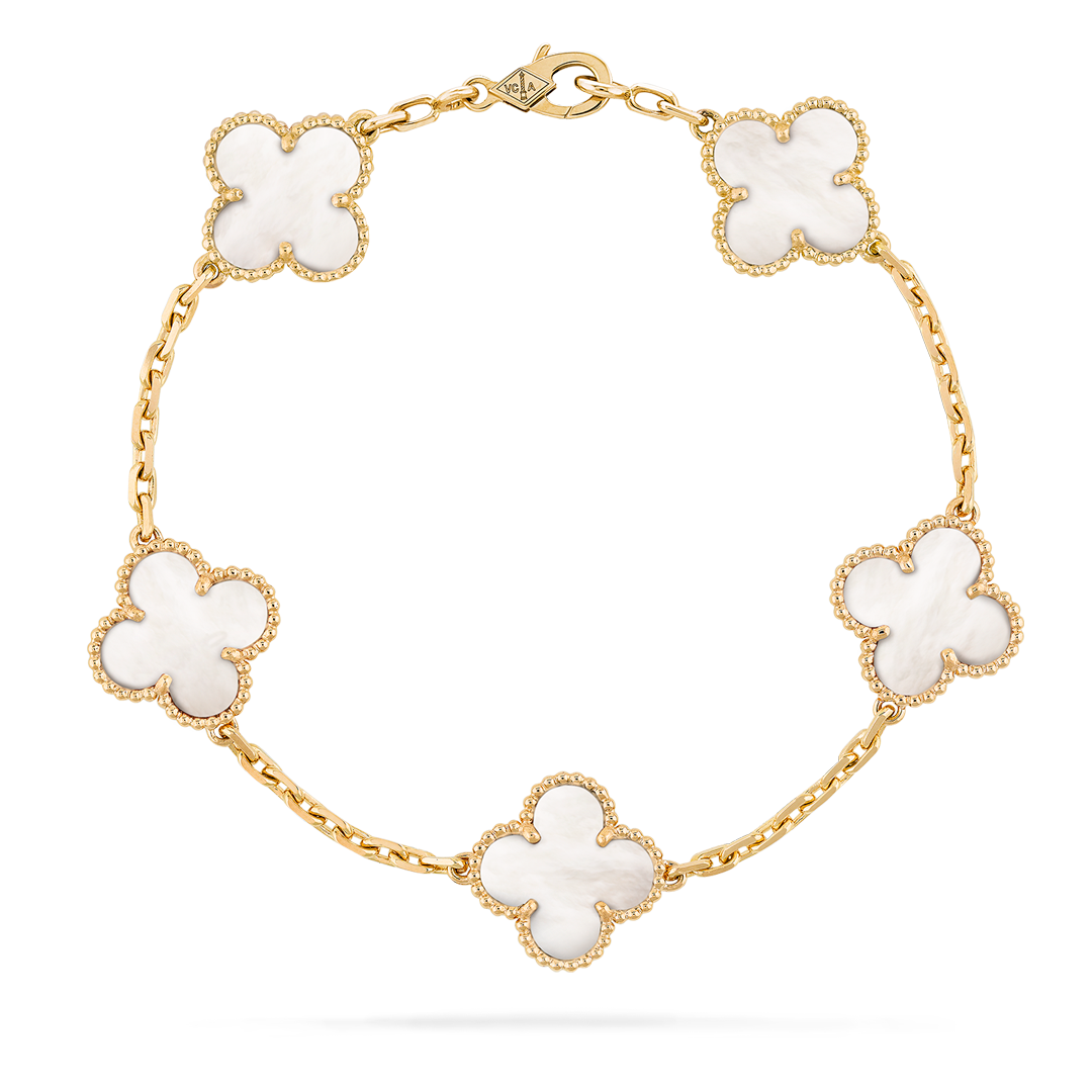 Image 66: Vintage Alhambra bracelet, 5 motifs, 18K yellow gold, white mother-of-pearl. Alhambra® collection, Van Cleef & Arpels.