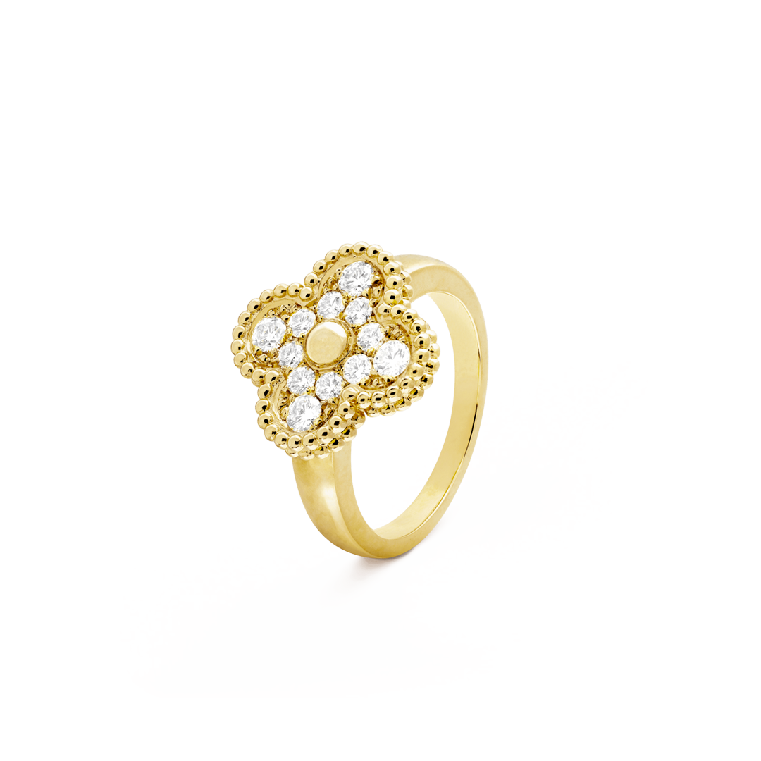 Vintage Alhambra ring, yellow gold, round diamonds. Alhambra collection, Van Cleef & Arpels.