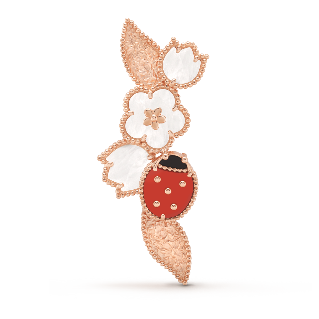 Lucky Spring clip, 18K rose gold, white mother-of-pearl, carnelian, onyx.