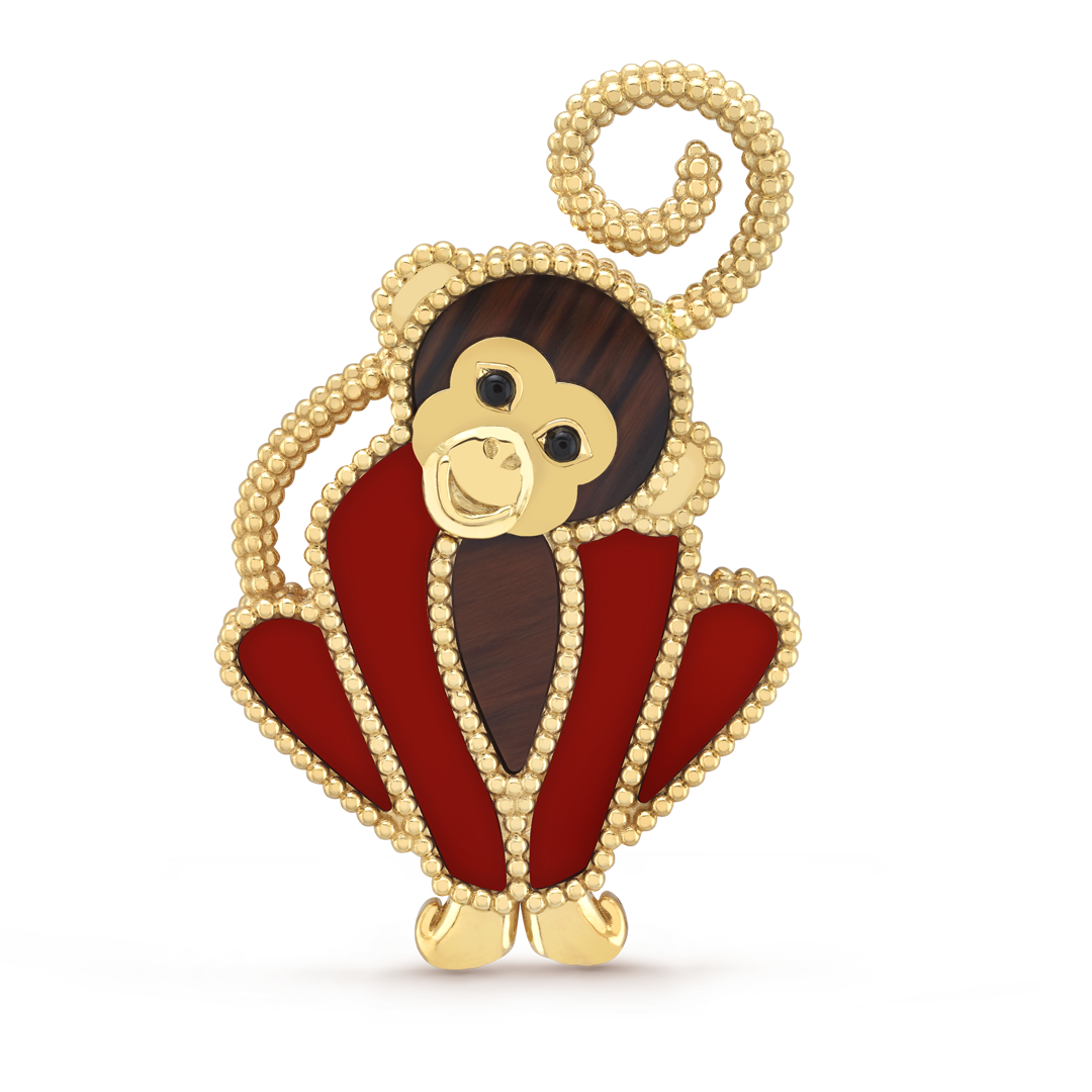 Lucky Animals Monkey Clip, 18K yellow gold, carnelian, mahogany obsidian, onyx. Lucky Animals collection, Van Cleef & Arpels.