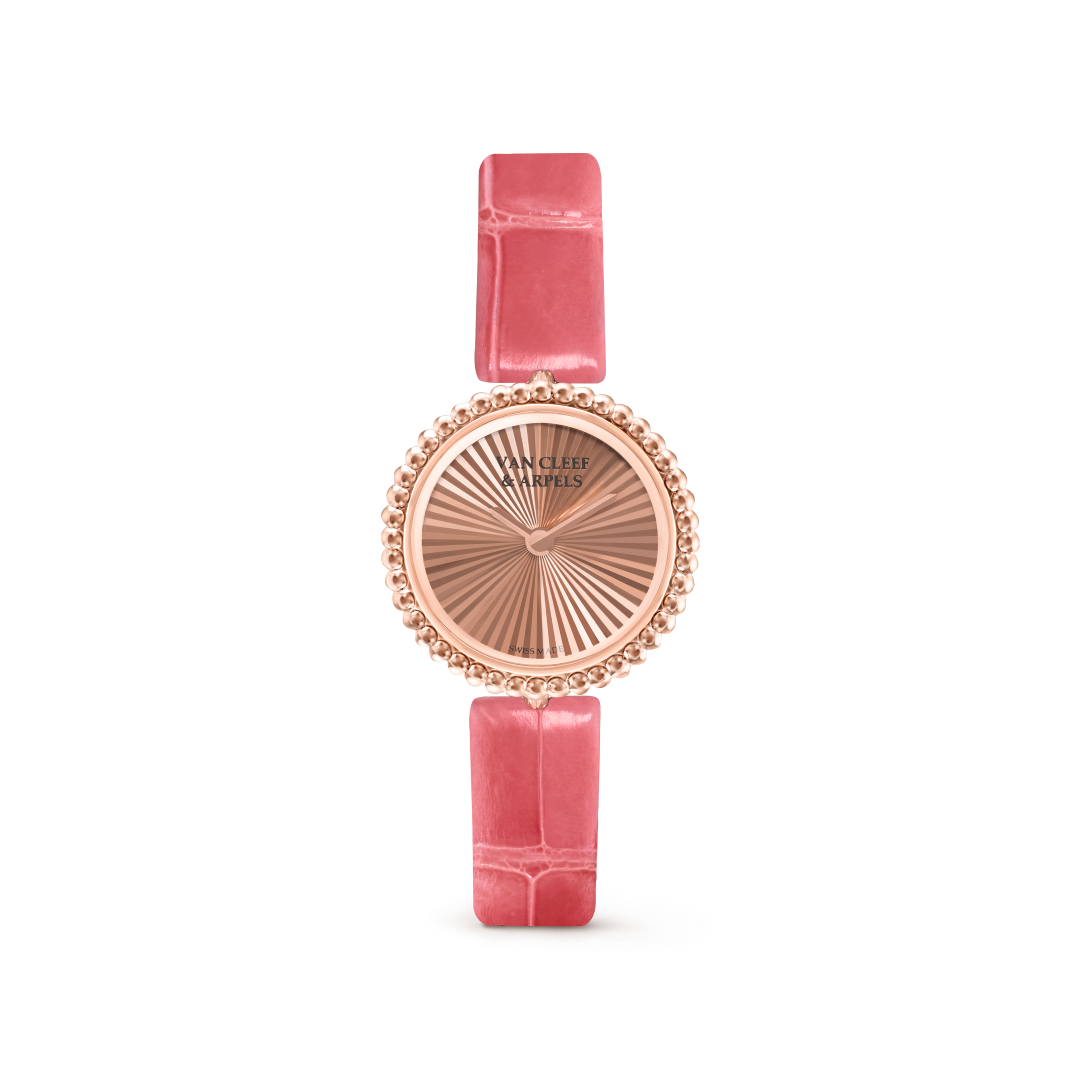 Perlée watch, 23 mm, 18K rose gold, guilloché 18K rose gold, Swiss quartz movement. Perlée collection, Van Cleef & Arpels.