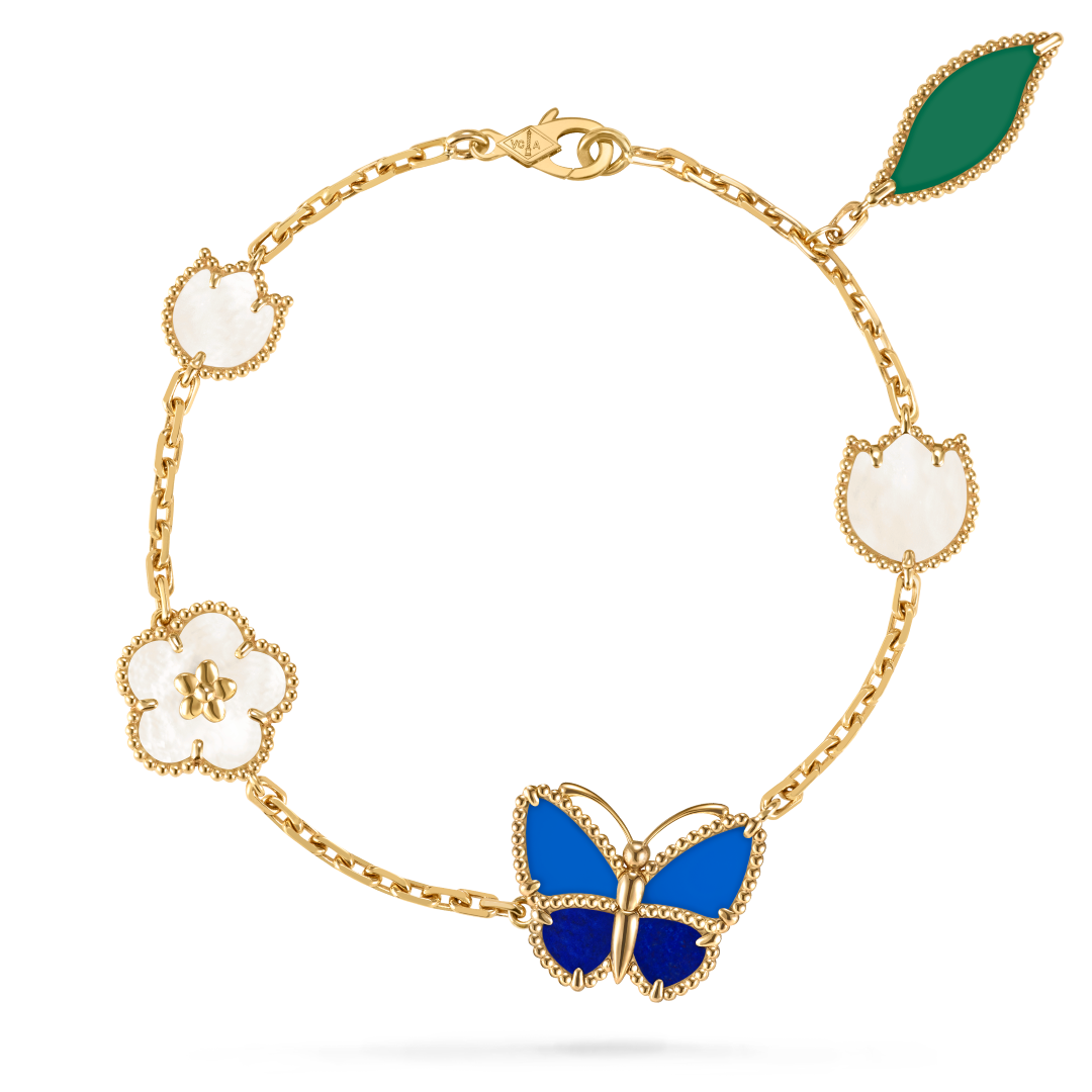 ラッキー スプリング パピヨン ブレスレット、5モチーフ、18K イエローゴールド、ラピスラズリ、ブルーアゲート、グリーンアゲート、ホワイト マザーオブパール。ラッキー スプリング® コレクション、ヴァン クリーフ＆アーペル。