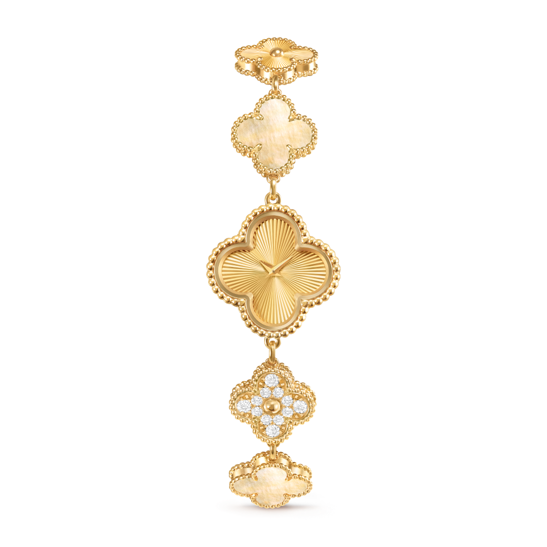 スウィート アルハンブラ ウォッチ、18K イエローゴールド、ダイヤモンド、ゴールドマザーオブパール、クォーツムーブメント。アルハンブラ コレクション、ヴァン クリーフ＆アーペル。