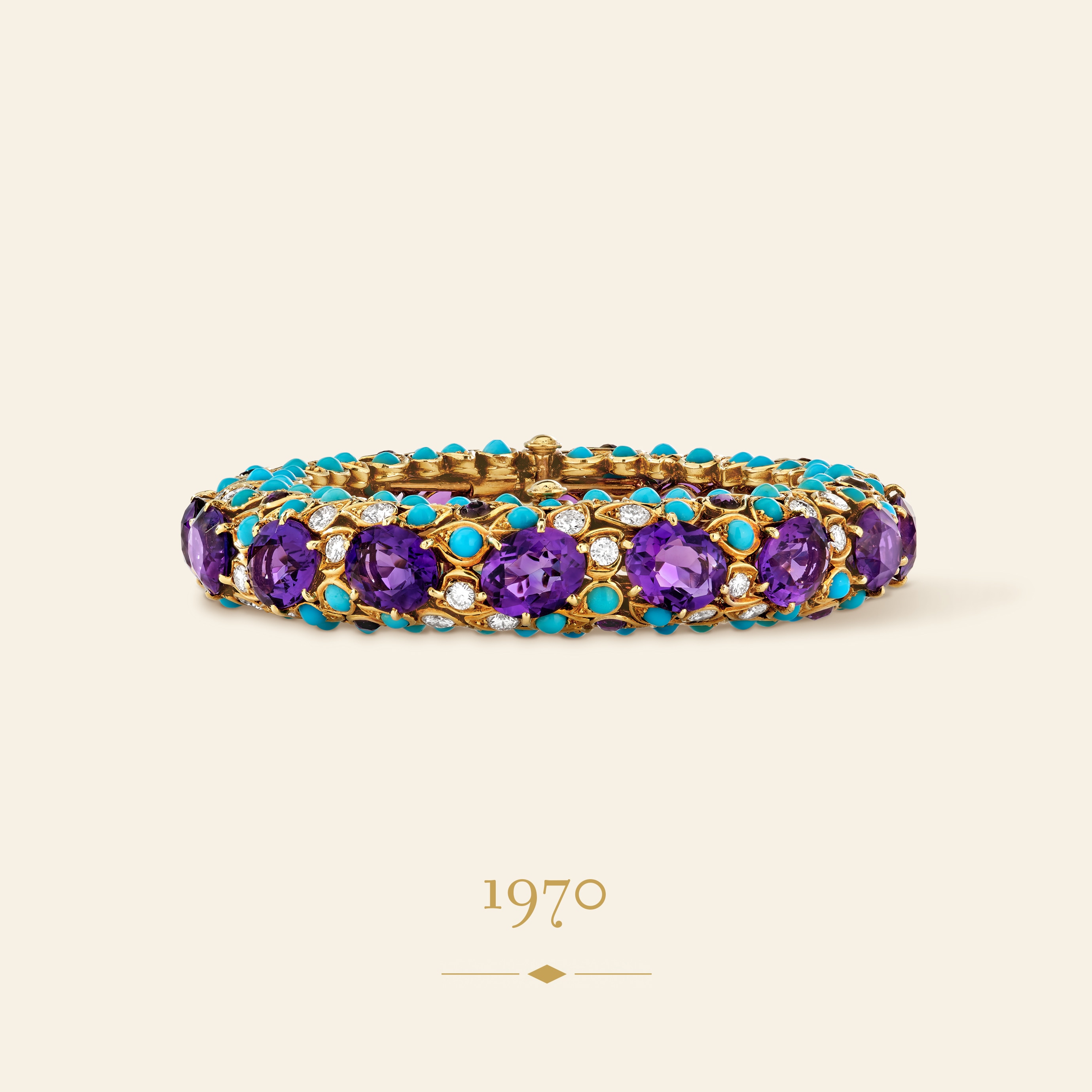 سوار شينون، 1970. ذهب أصفر، جَمَشْت، فيروز، ماس. مجموعة دار فان كليف أند آربلز