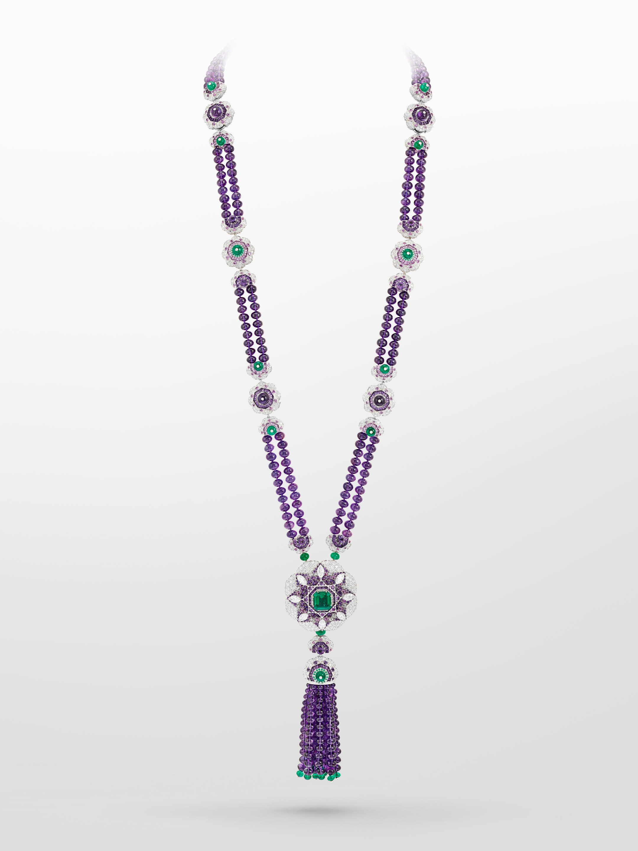 Delphinium transformable long necklace. 18K white gold, platinum, one emerald-cut emerald of 5.26 carats (Zambia), pink sapphires, emeralds, amethysts, diamonds. Le Secret collection, 2017.