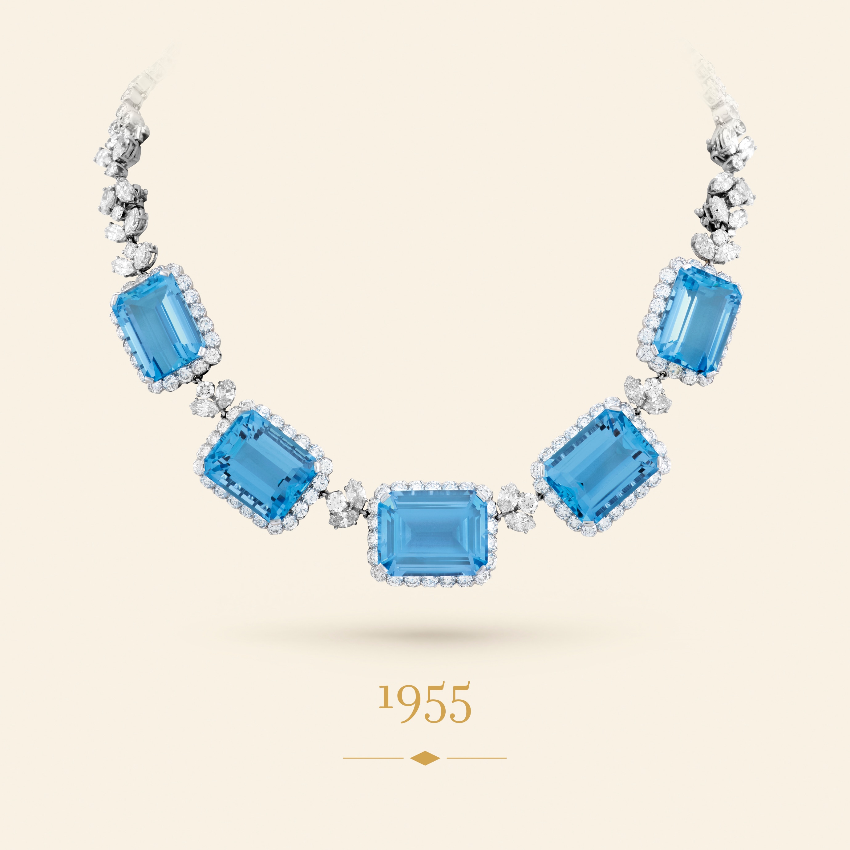 Necklace, 1955.  Transformable into two bracelets. White gold, platinum, aquamarines, diamonds. Van Cleef & Arpels Collection