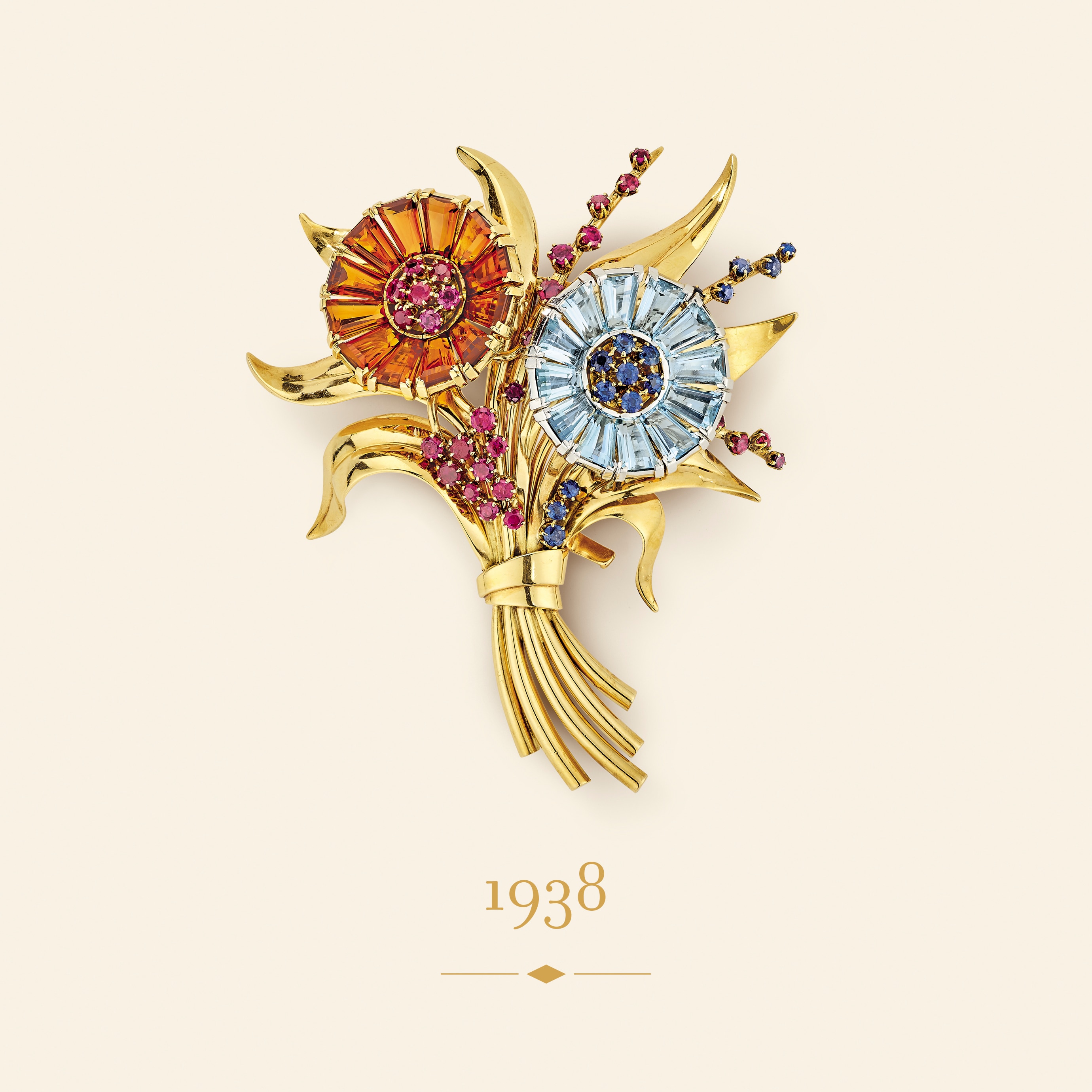 Bouquet clip, 1938. Yellow gold, rubies, sapphires, aquamarines, topazes. Van Cleef & Arpels Collection