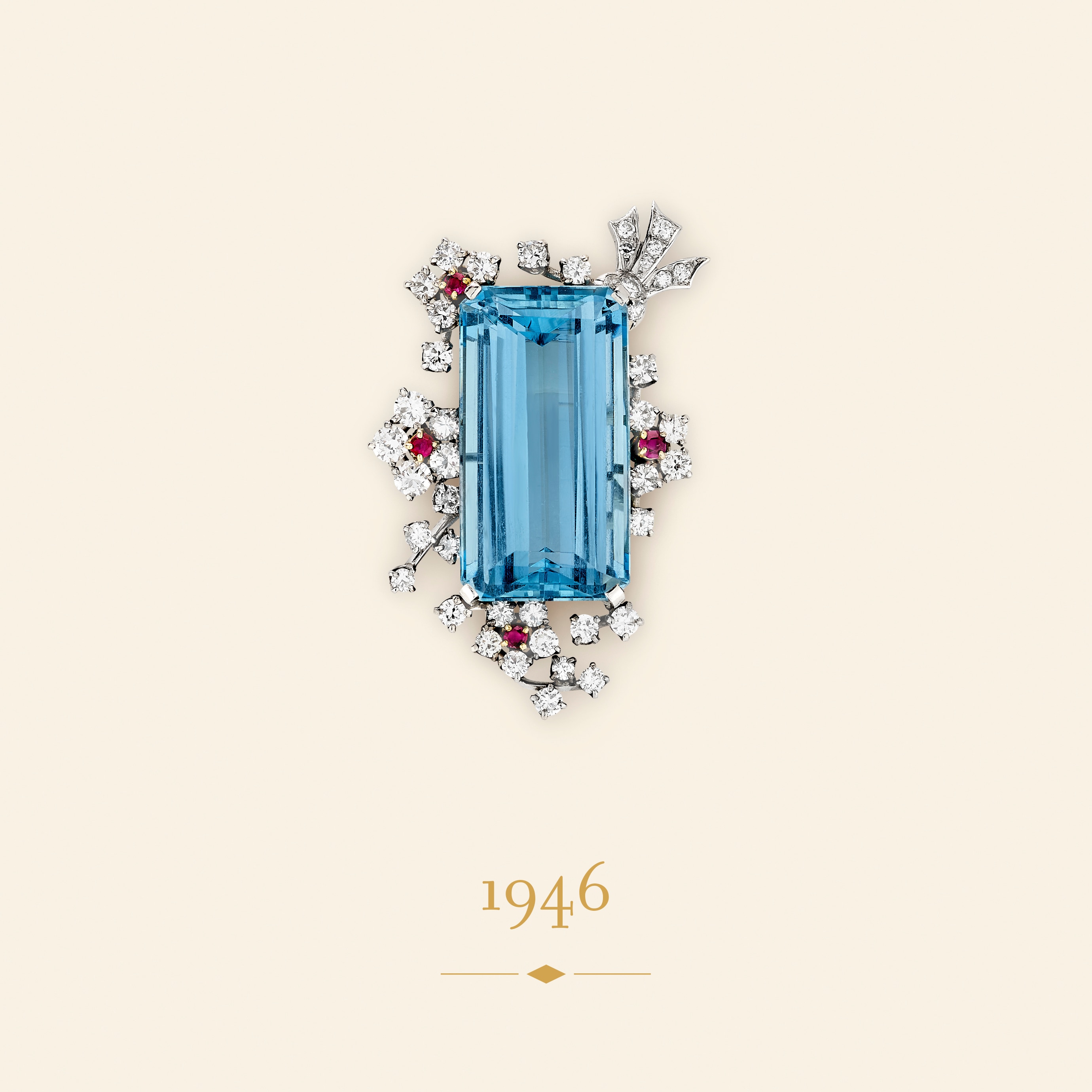 Clip, 1946. White gold, rubies, aquamarine, diamonds. Van Cleef & Arpels Collection
