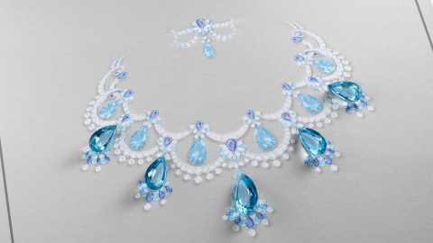 5 delle 12 acquemarine sul dipinto a gouache della collana Robe Couleur du Temps, Van Cleef & Arpels