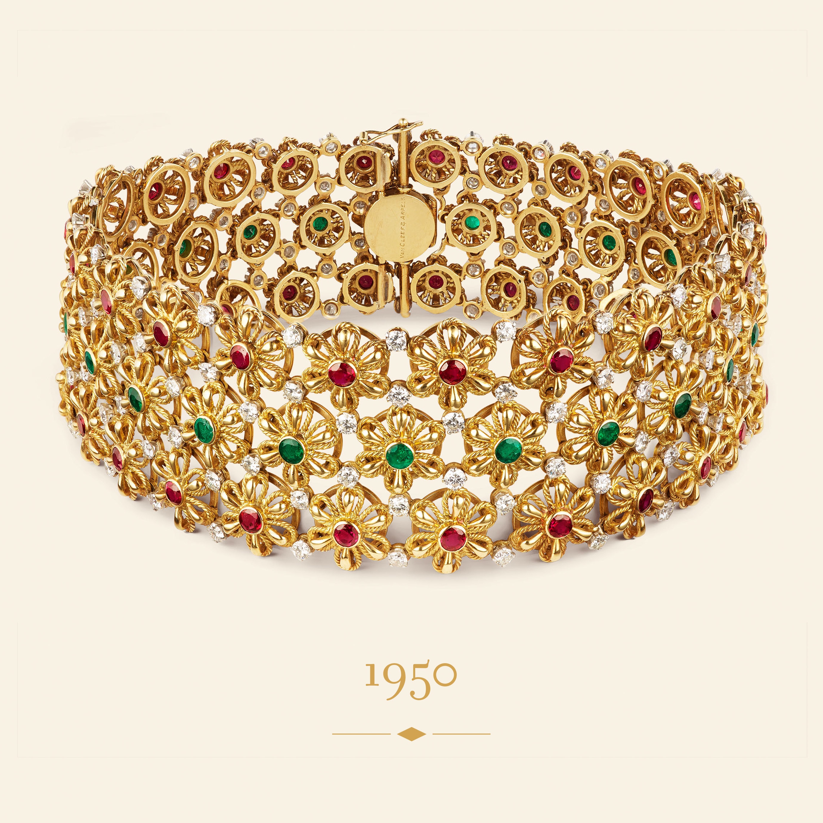 Indian Embroidery necklace, 1950​. Yellow gold, platinum, emeralds, rubies, diamonds​. Van Cleef & Arpels Collection.