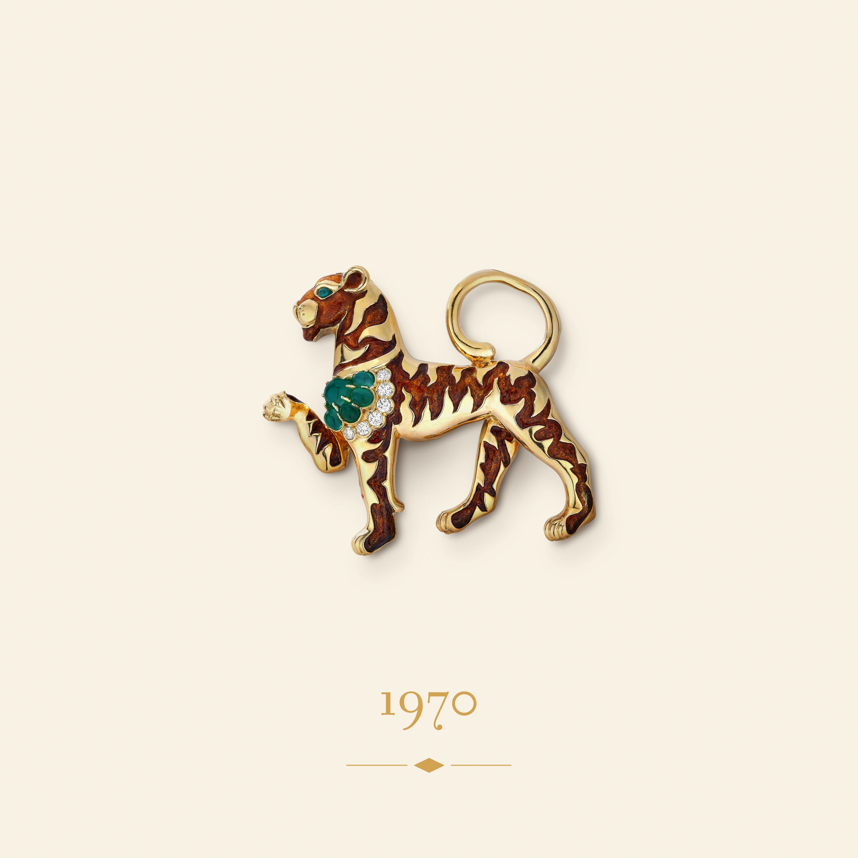 Persian Tiger brooch, 1970​. Yellow gold, chrysoprase, brown enamel, diamonds​. Van Cleef & Arpels Collection.