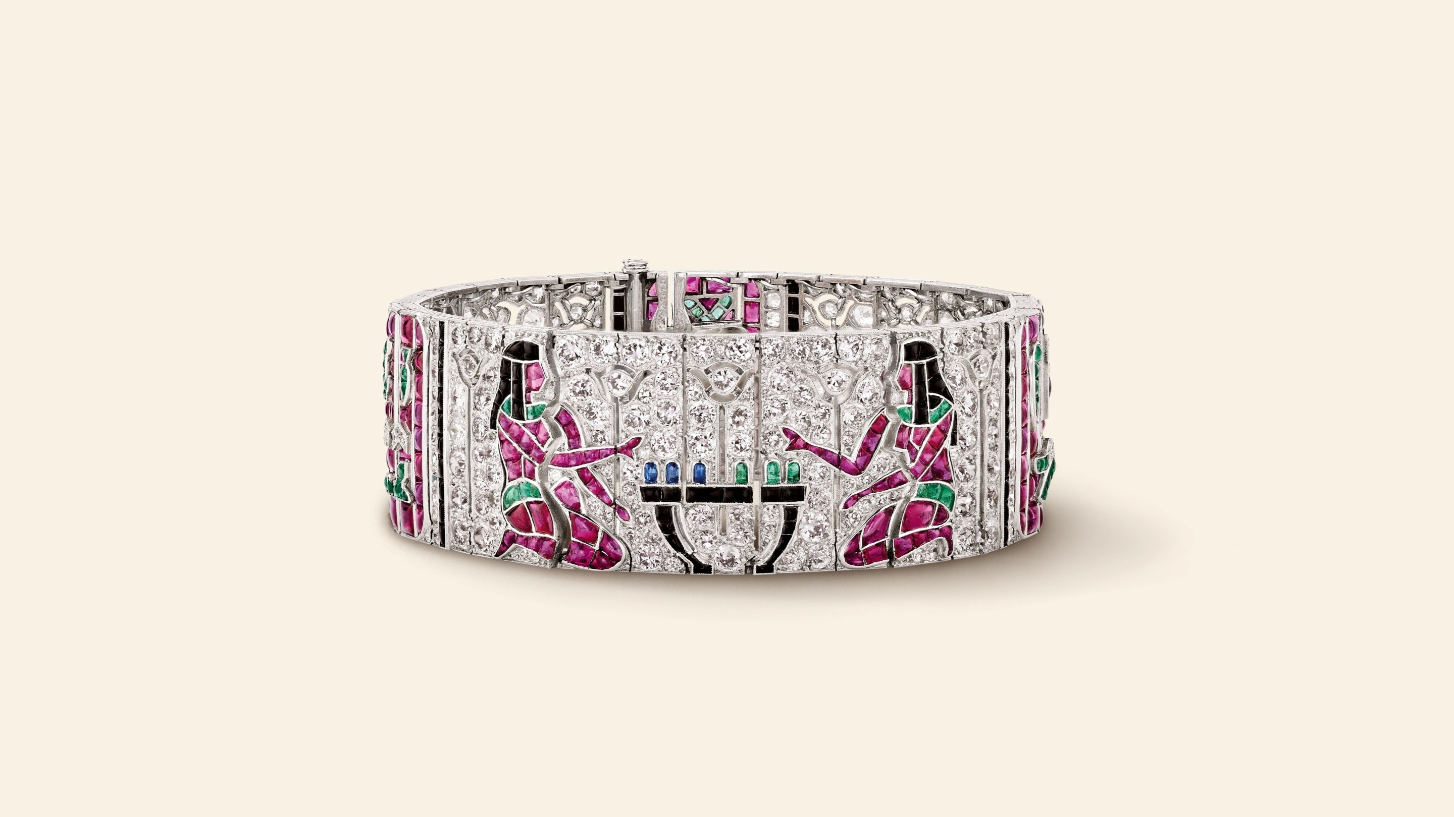 Egyptian Pattern bracelet, 1924​ Platinum, emeralds, rubies, sapphires, onyx, diamonds​ Van Cleef & Arpels Collection