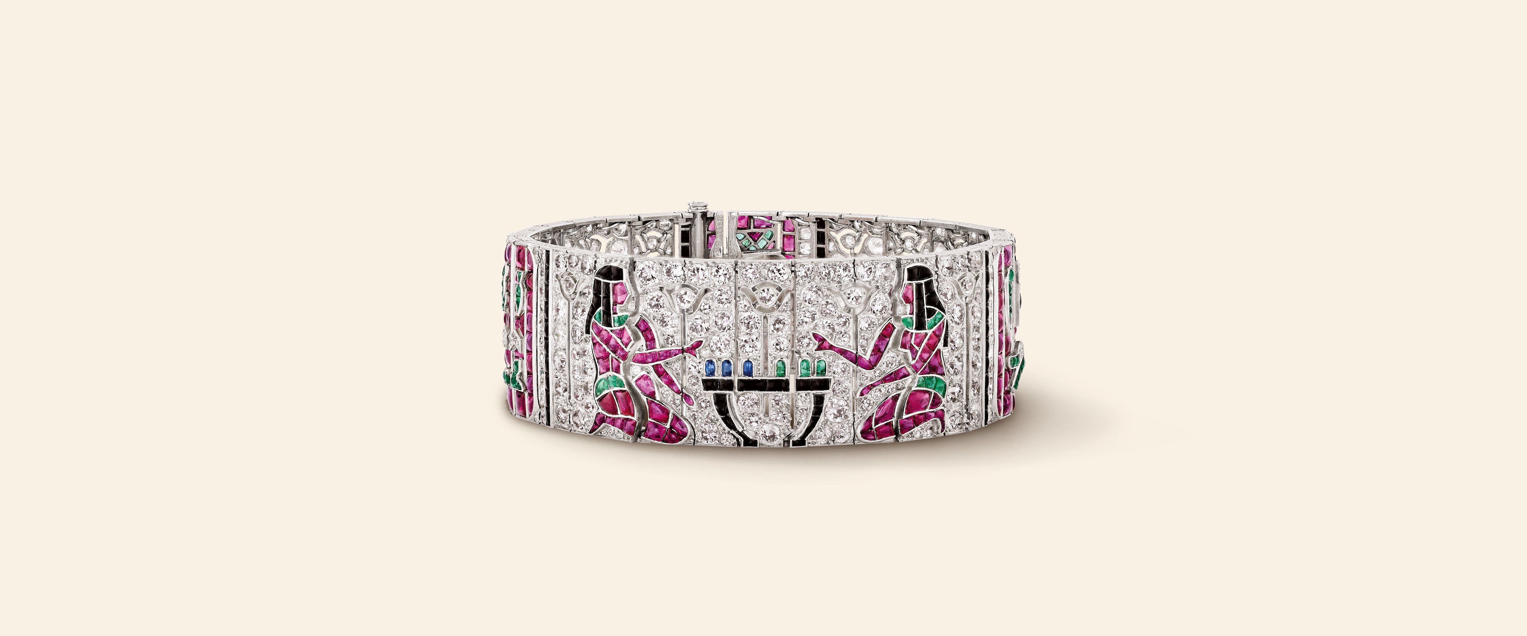 Egyptian Pattern bracelet, 1924​ Platinum, emeralds, rubies, sapphires, onyx, diamonds​ Van Cleef & Arpels Collection