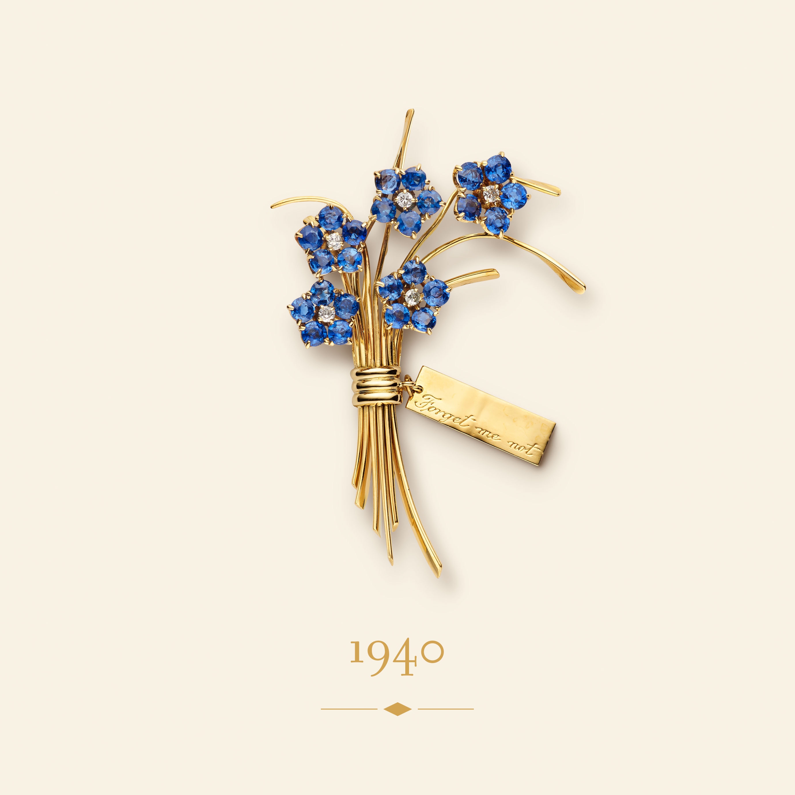 Forget-me-not胸针，1940年。黄K金，蓝宝石，钻石。Van Cleef & Arpels梵克雅宝典藏。