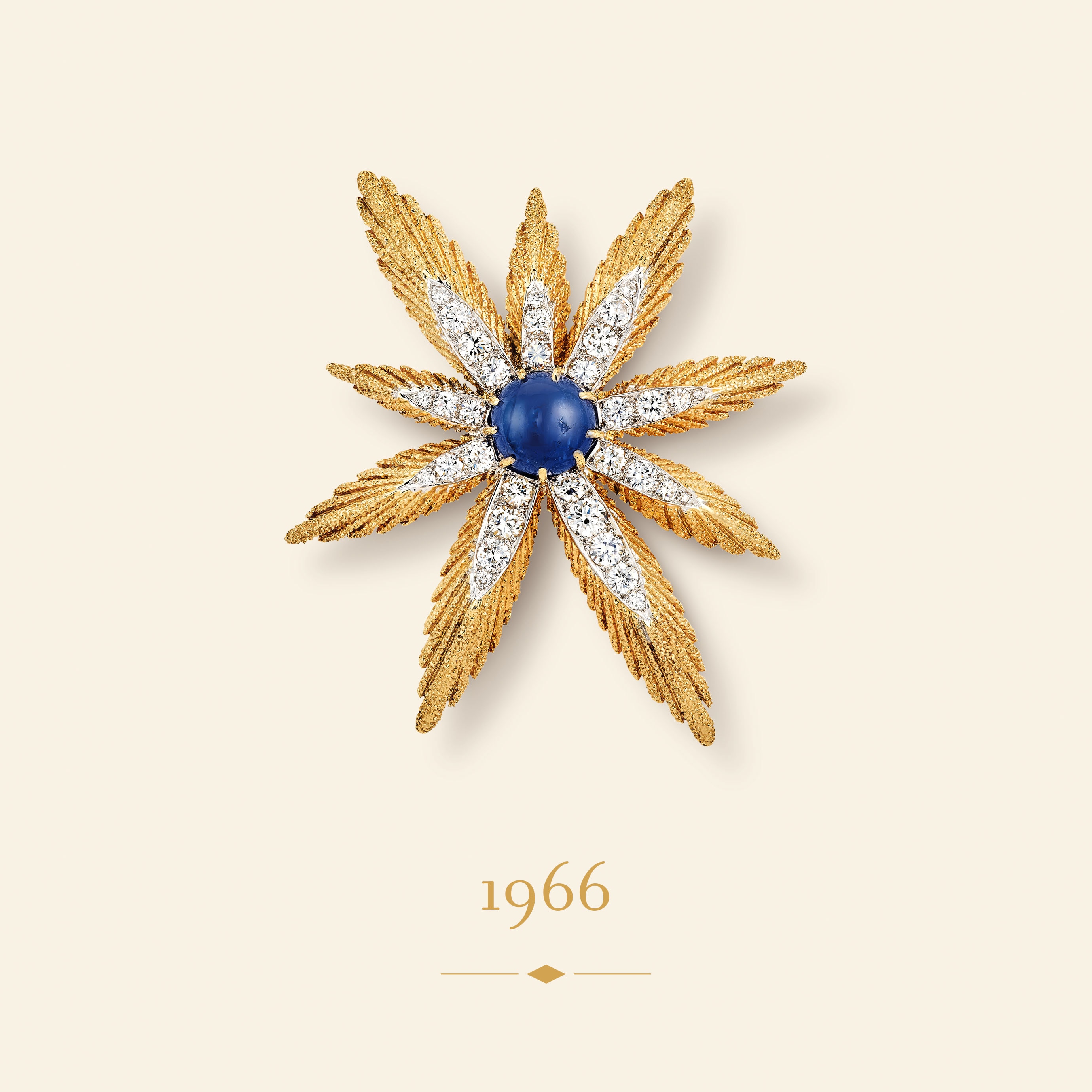 Asterisk clip, 1966​. Yellow gold, platinum, white gold, rose gold, sapphire, diamonds​. Van Cleef & Arpels Collection.