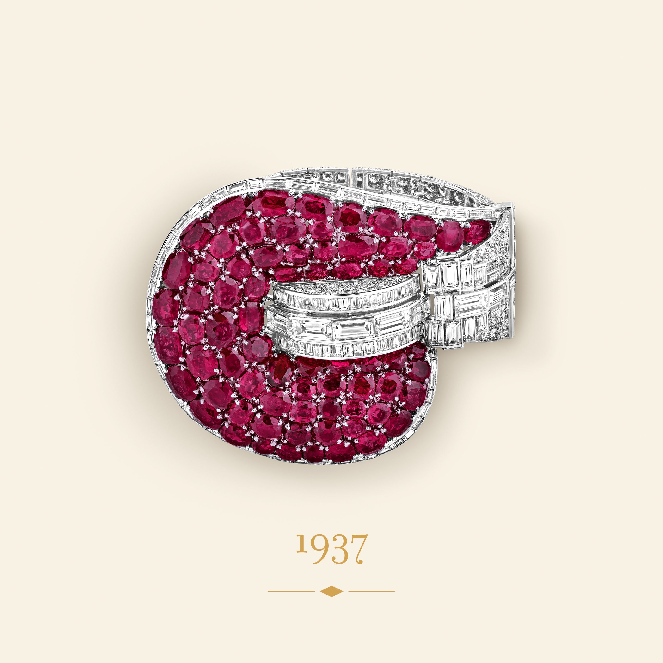 Bracelet, 1937​. Platinum, rubies, diamonds​. Former collection of the actress and singer Marlene Dietrich​. Van Cleef & Arpels Collection.