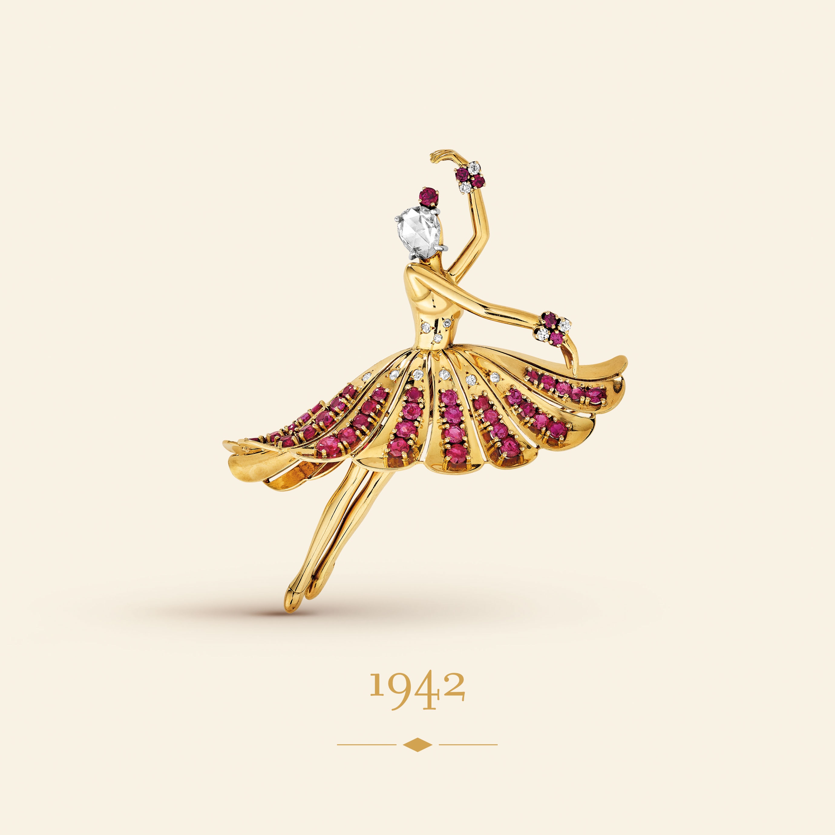Dancer clip, 1942​. Yellow gold, white gold, rubies, diamonds​. Van Cleef & Arpels Collection.