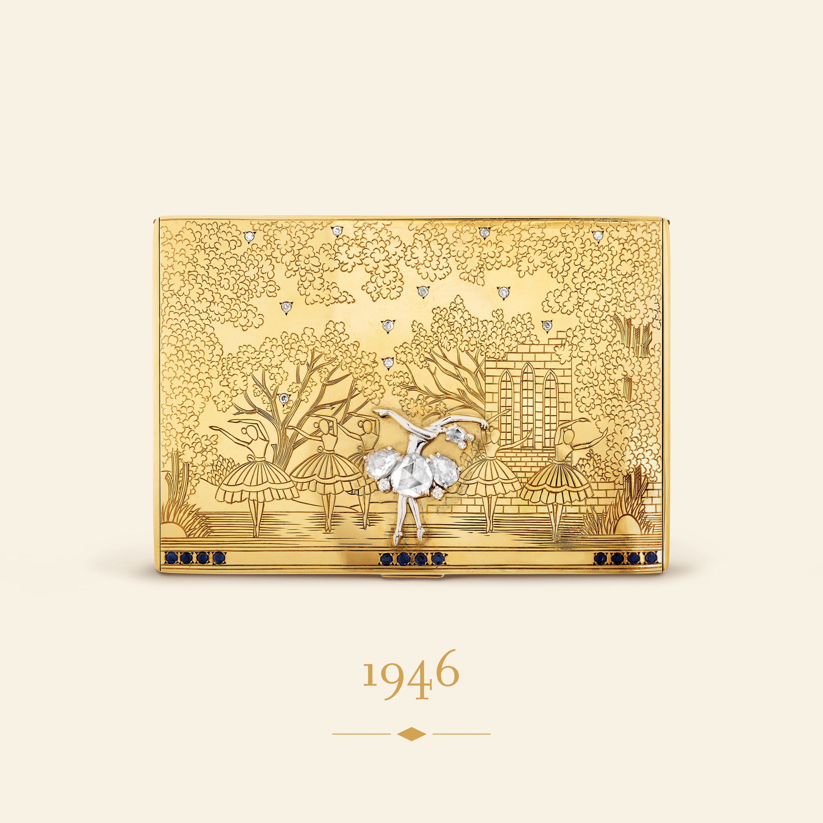 Swan Lake powder case, 1946​. Yellow gold, rubies, sapphires, diamonds​. Van Cleef & Arpels Collection.