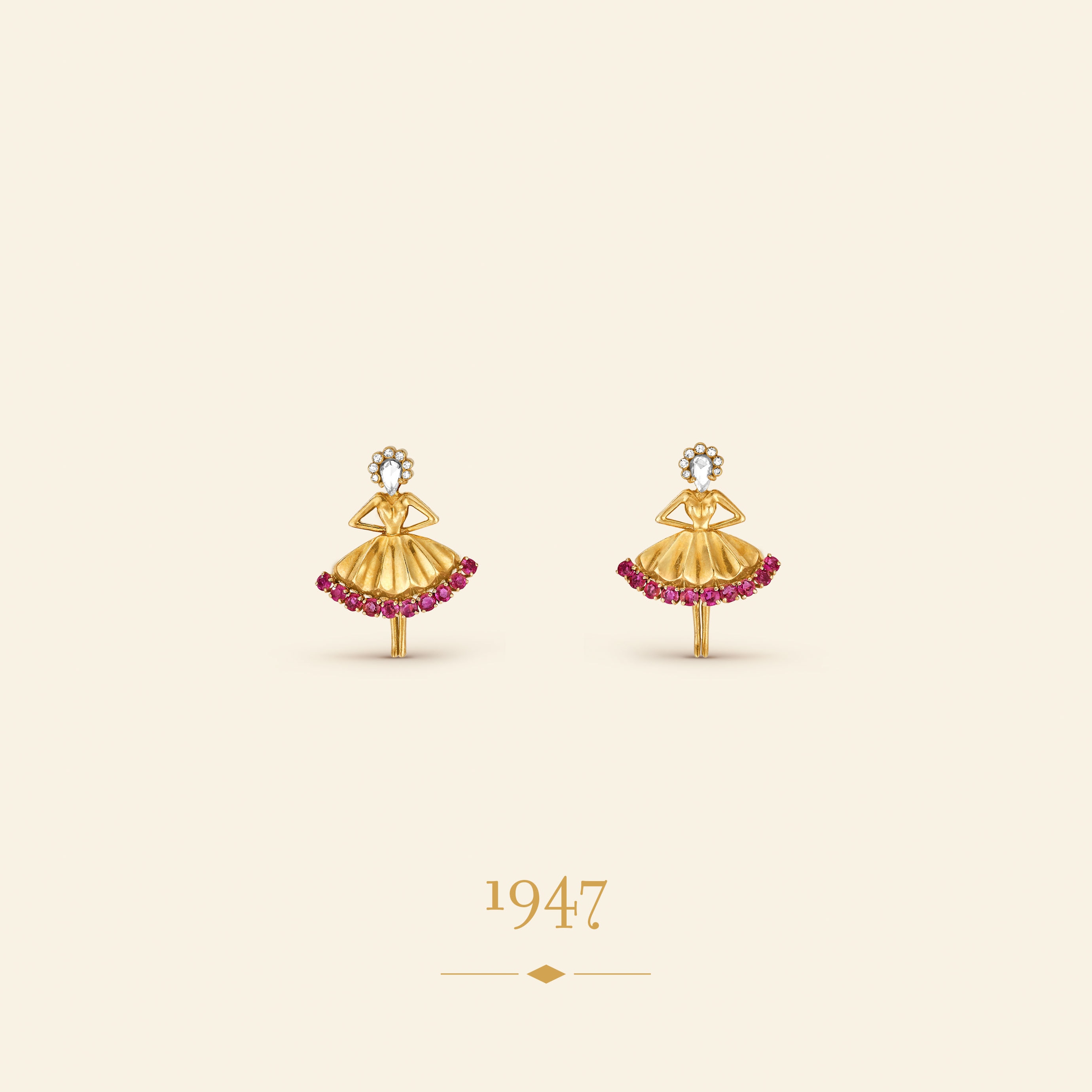 Dancer earrings, 1947​. Yellow gold, rubies, diamonds​. Van Cleef & Arpels Collection.