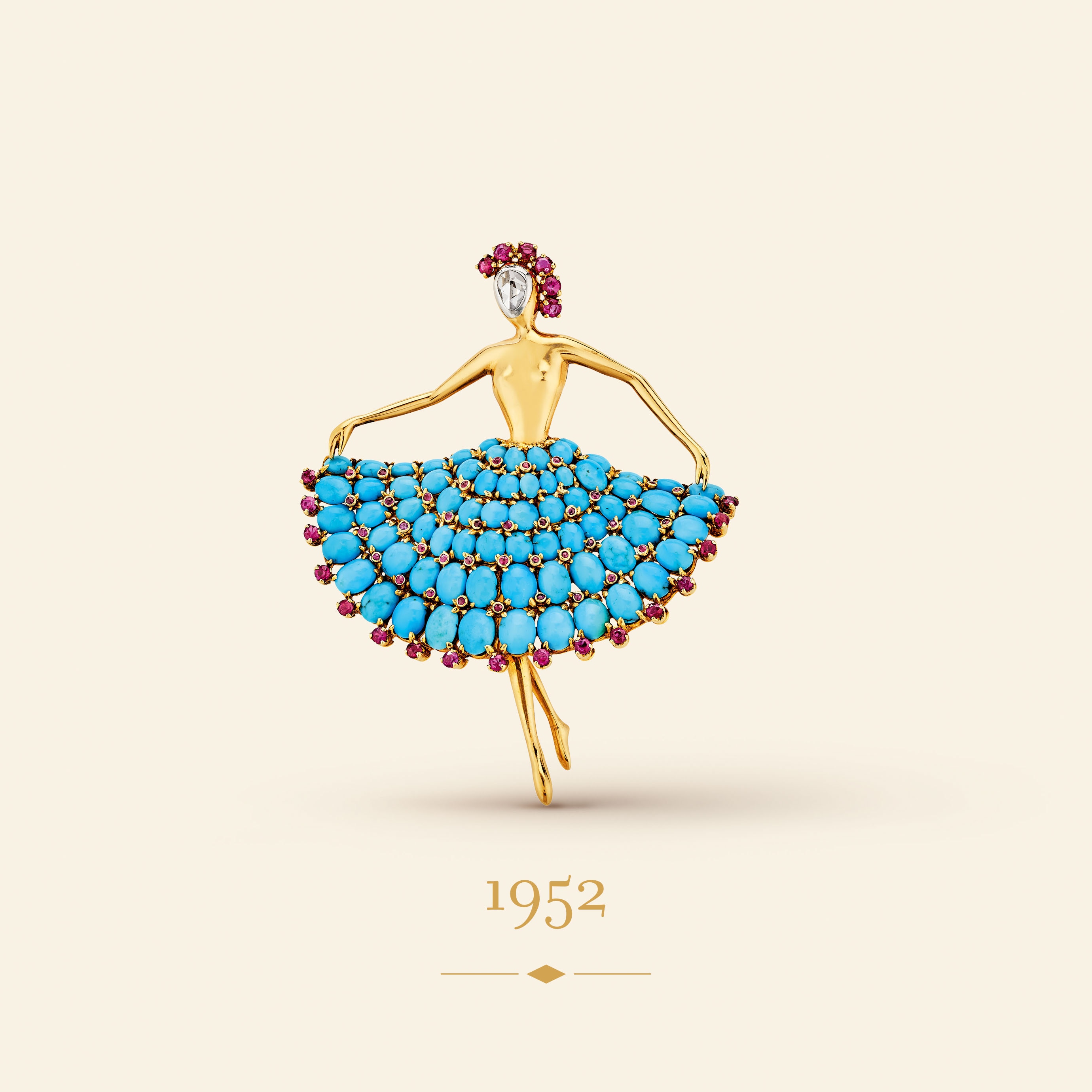 Dancer clip, 1952​. Yellow gold, platinum, rubies, turquoise, diamond​. Van Cleef & Arpels Collection​.