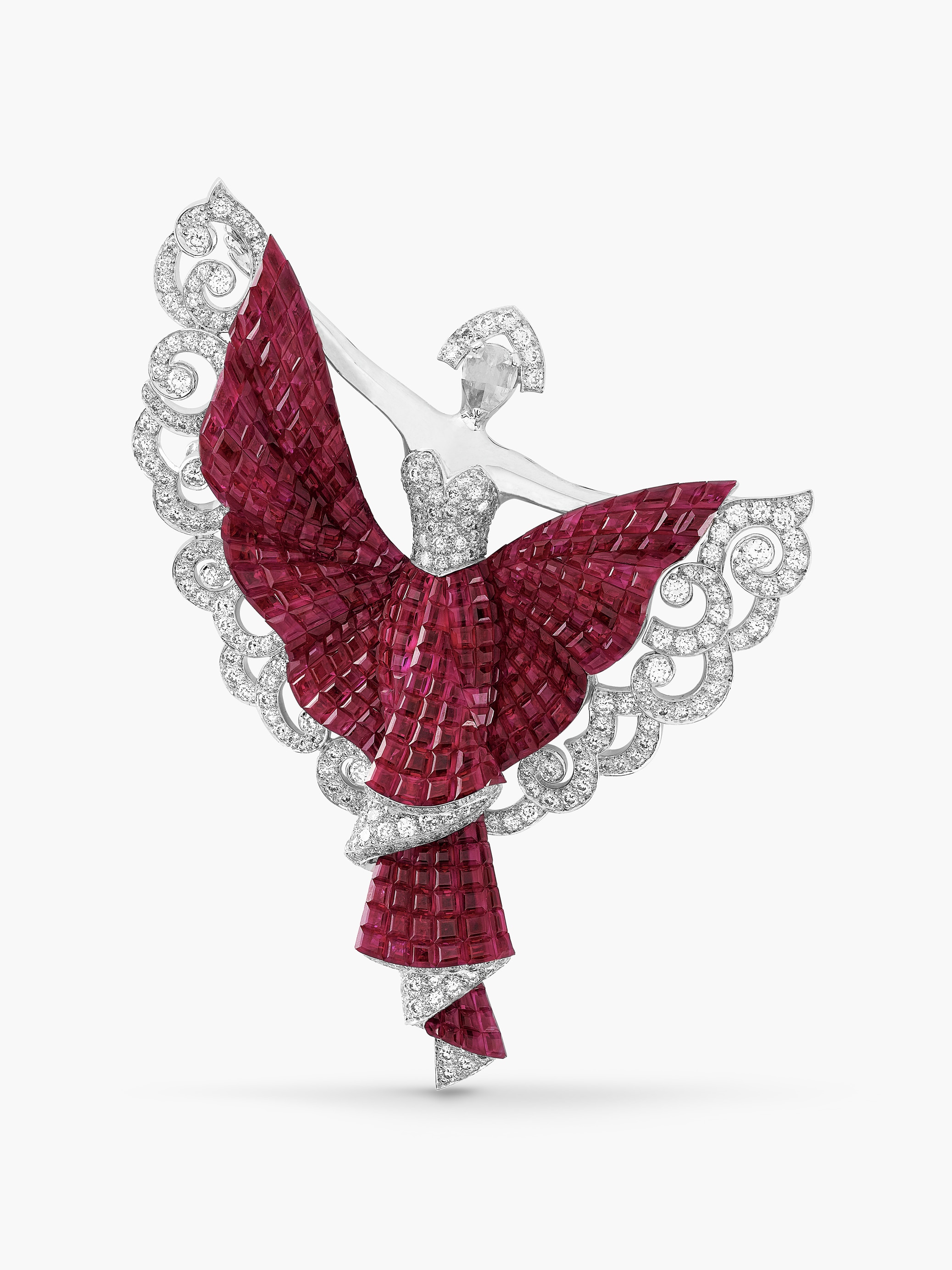 Ballerine Silk Road Dancer clip. White gold, rose gold, Traditional Mystery Set™ rubies, diamonds. Private collection.