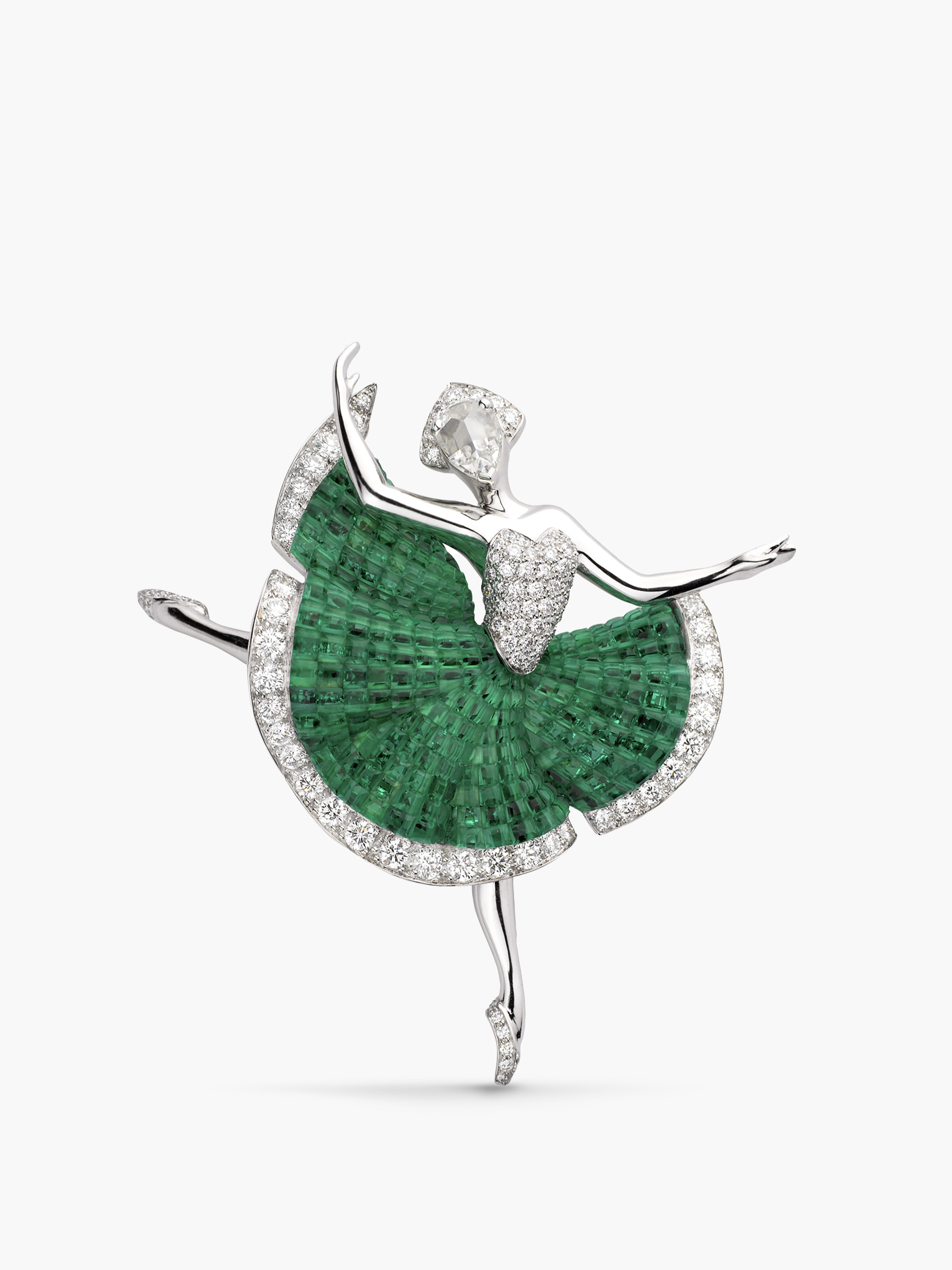 Héloïse clip. White gold, rose gold, Traditional Mystery Set™ emeralds, diamonds. Private collection.