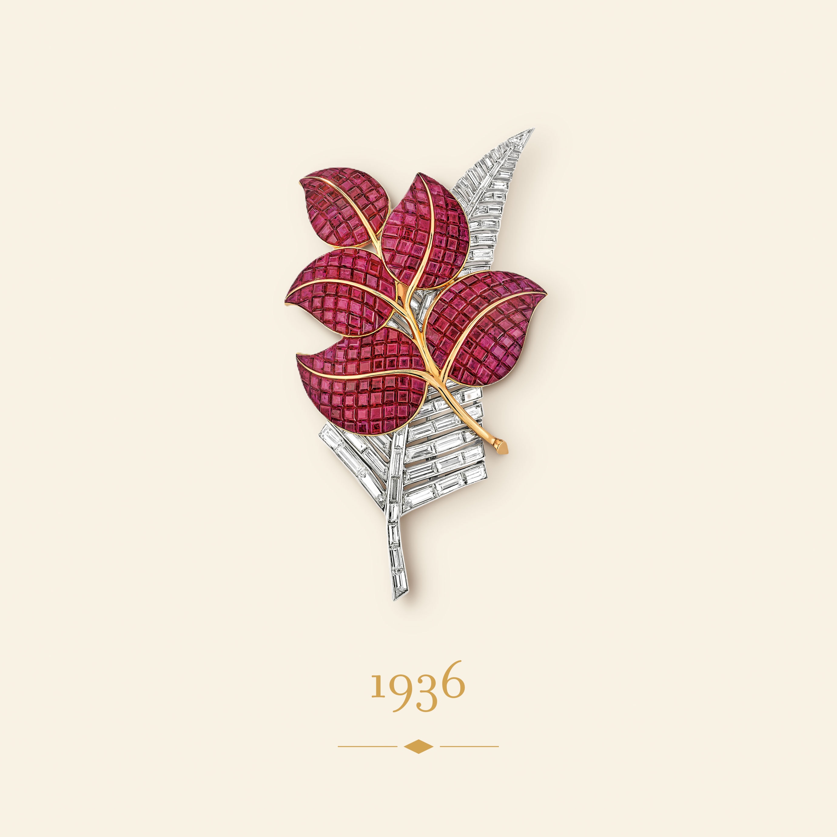 Flower brooch, 1936​. Platinum, yellow gold, white gold, Mystery set rubies, diamonds​. Van Cleef & Arpels Collection.