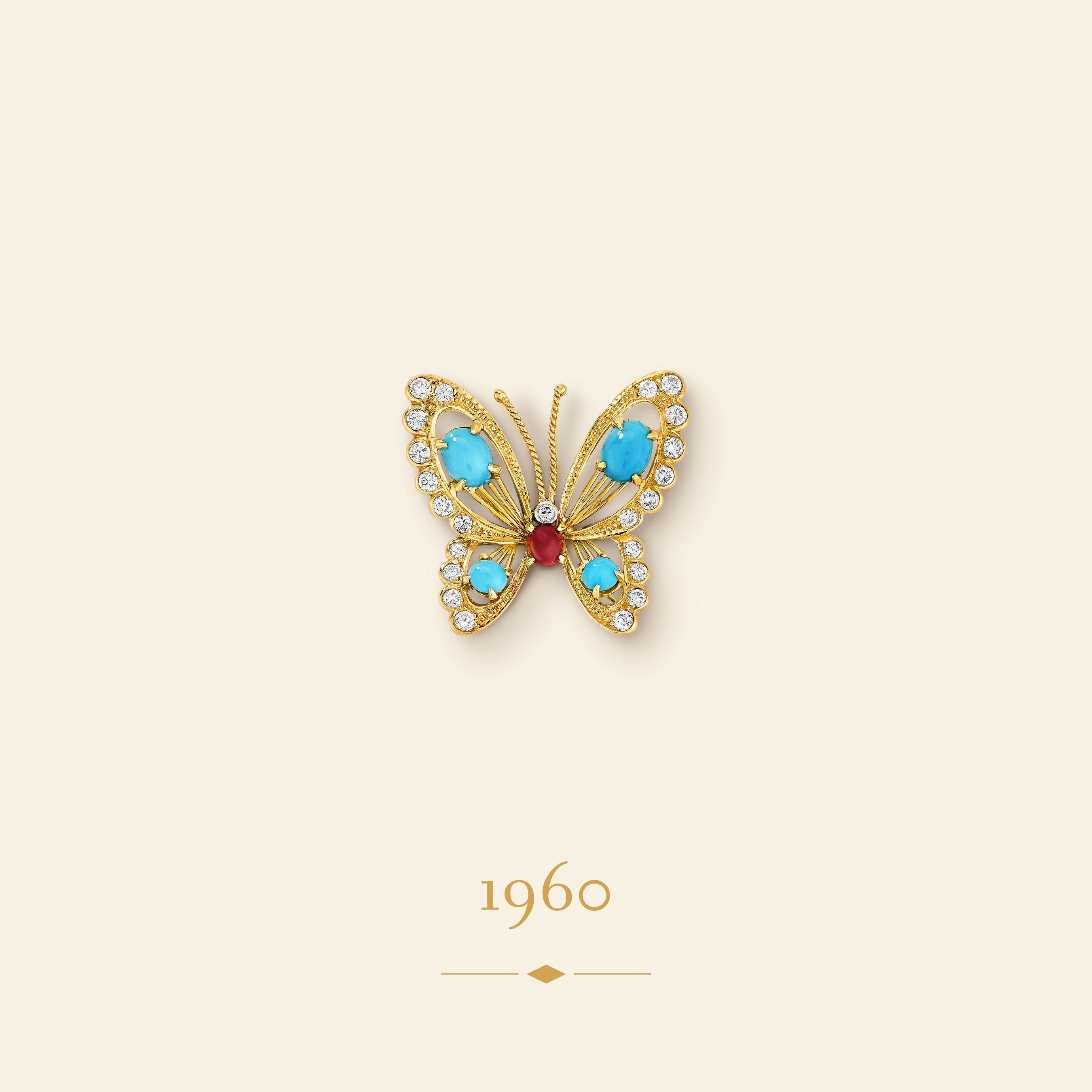 Butterfly clip, 1960​. Yellow gold, platinum, white gold, rose gold, ruby, turquoise, diamonds​. Van Cleef & Arpels Collection.