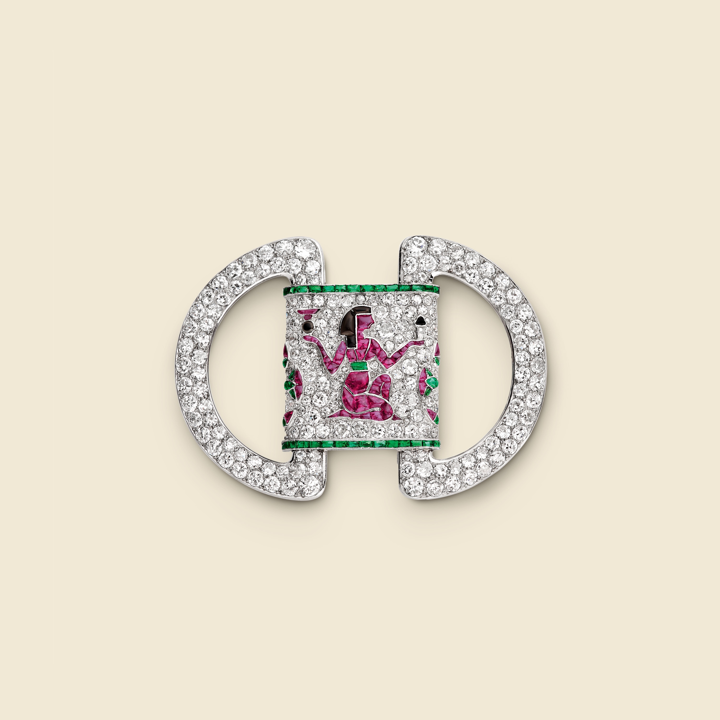 Egyptian Pattern brooch, 1925. Platinum, emeralds, rubies, onyx, diamonds. Van Cleef & Arpels Collection.